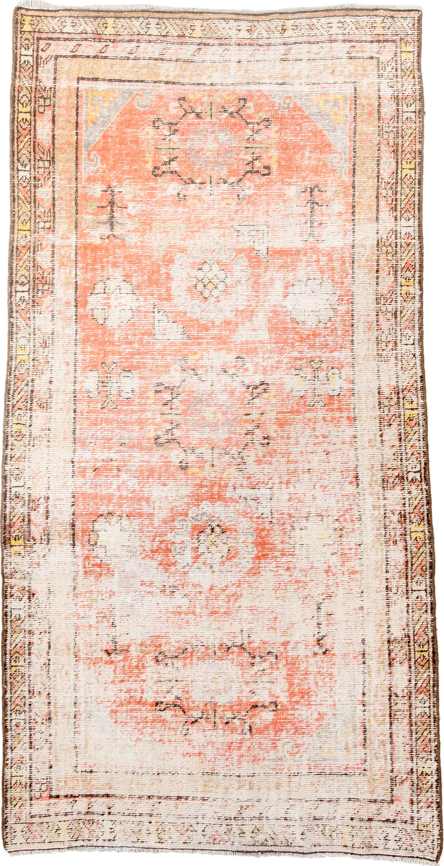 3' x 7' one-of-a-kind handmade antique Khotan rug. Color palette: ivory, coral, peach, taupe, brown, gold, charcoal