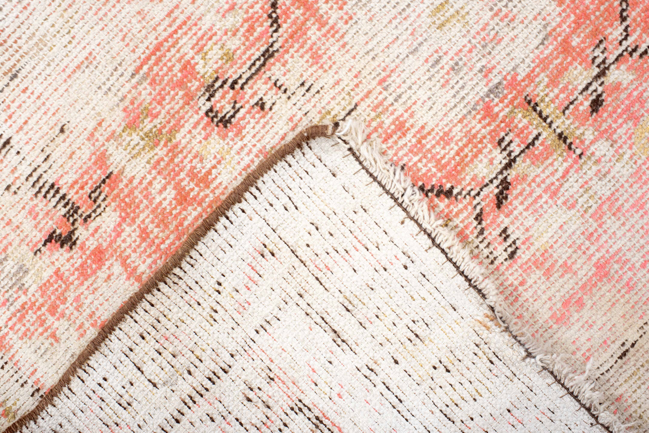 3' x 7' one-of-a-kind handmade antique Khotan rug. Color palette: ivory, coral, peach, taupe, brown, gold, charcoal
