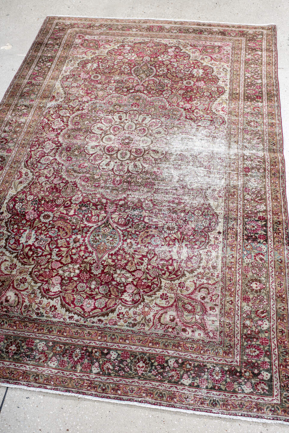 4' x 6' one-of-a-kind handmade vintage Meshed small size rug. Color palette: brown, gray, light gray, off-white, pink, red
