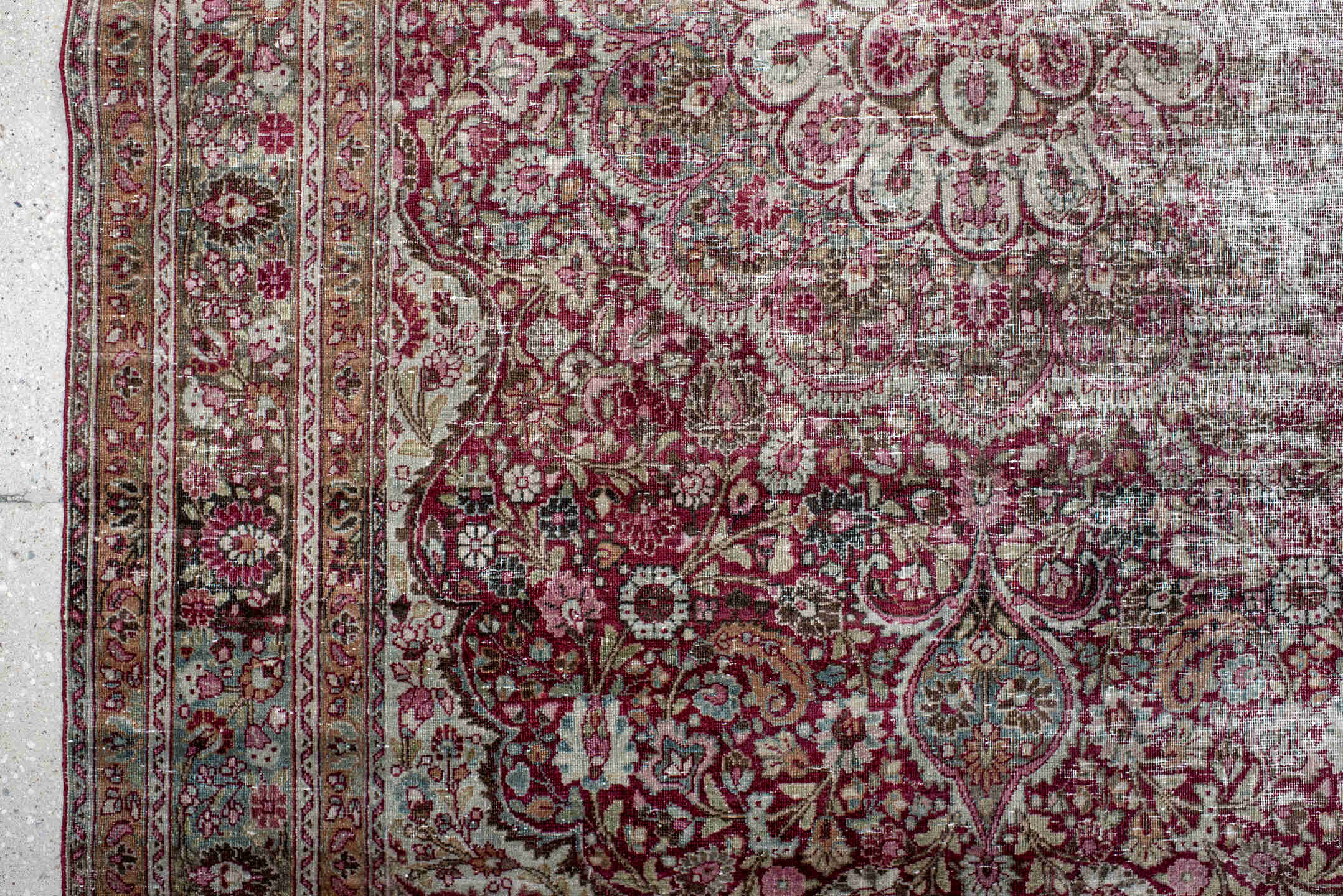 4' x 6' one-of-a-kind handmade antique Meshed small size rug. Color palette: rose, ivory, burgundy, taupe, brown, pink, sage