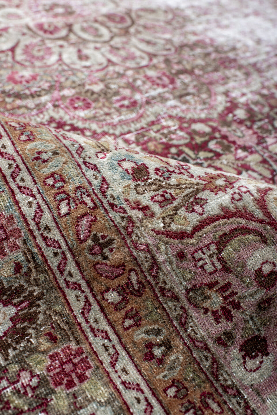 4' x 6' one-of-a-kind handmade antique Meshed small size rug. Color palette: rose, ivory, burgundy, taupe, brown, pink, sage