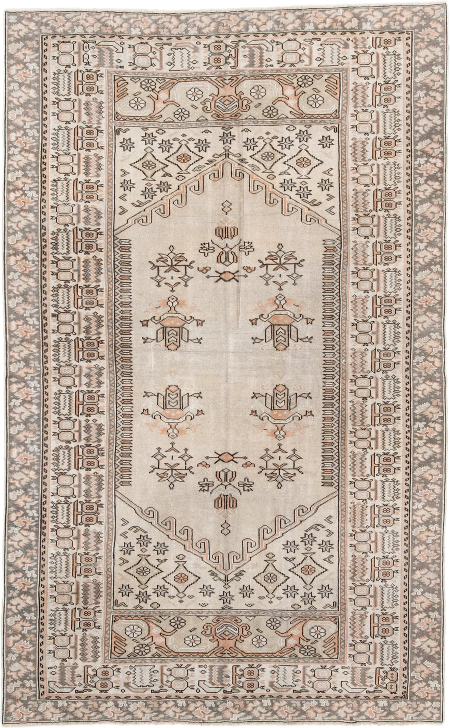 4' x 7' one-of-a-kind handmade antique Anatolian rug. Color palette: ivory, taupe, charcoal, blush, cream, pewter, beige