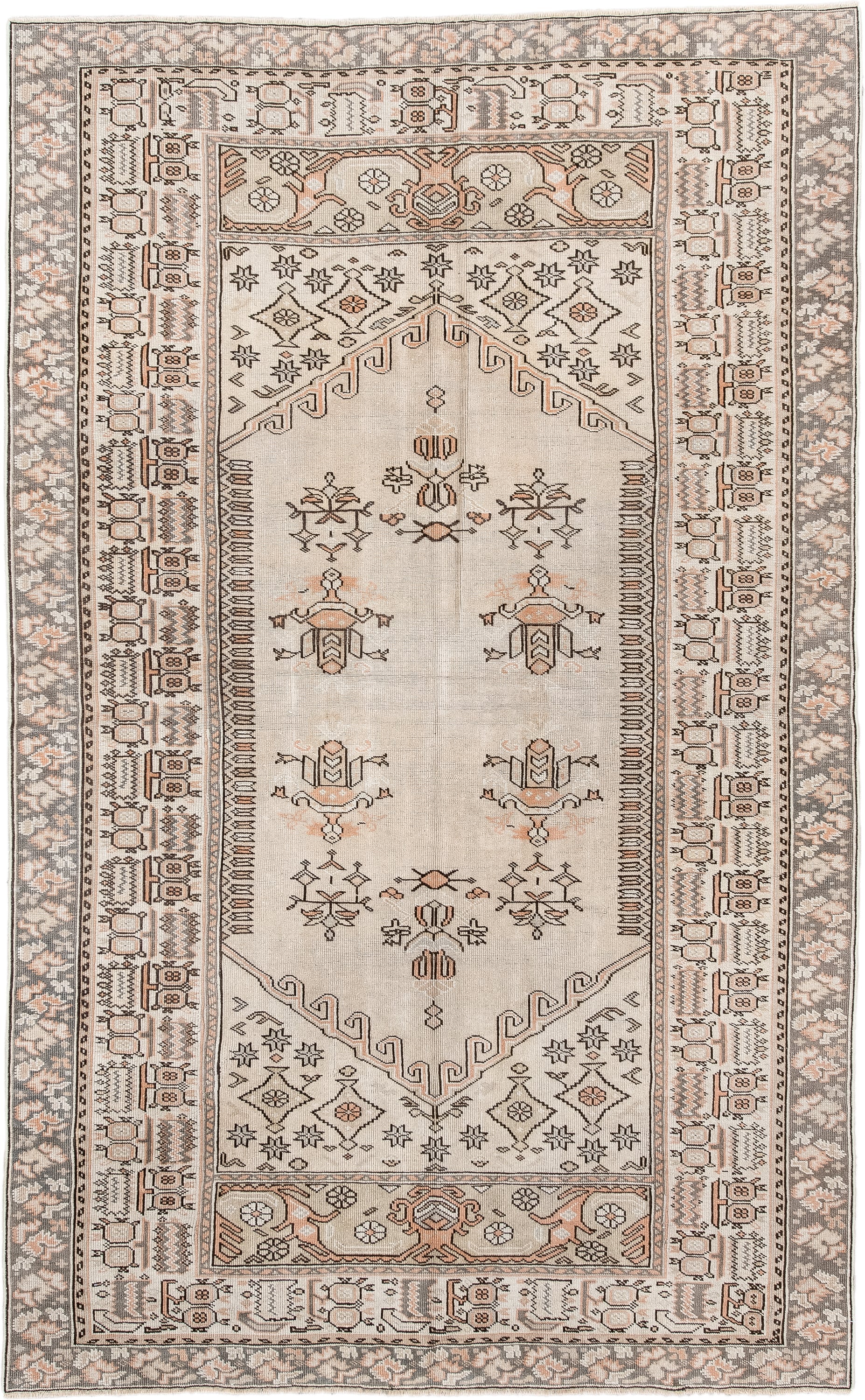 4' x 7' one-of-a-kind handmade antique Anatolian rug. Color palette: ivory, taupe, charcoal, blush, cream, pewter, beige