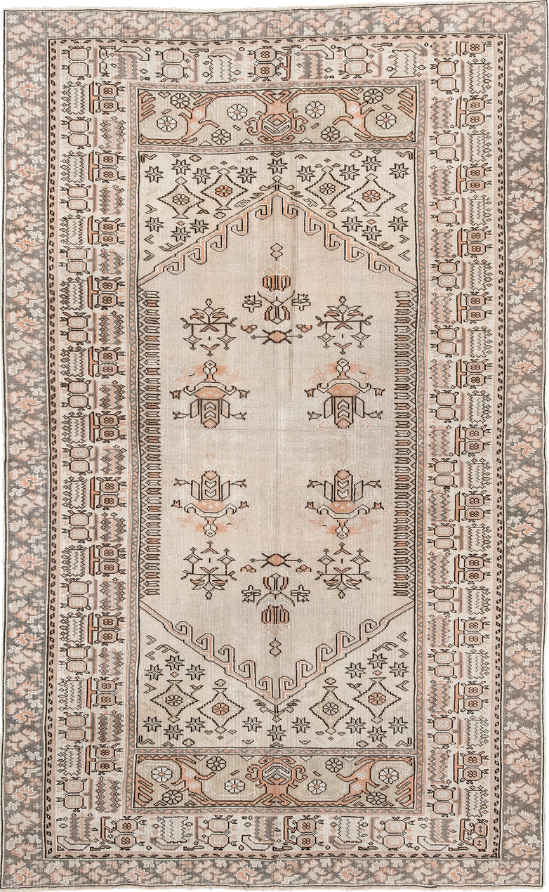 4' x 7' one-of-a-kind handmade vintage Anatolian rug. Color palette: antiquewhite, black, brown, gray, light gray, off-white