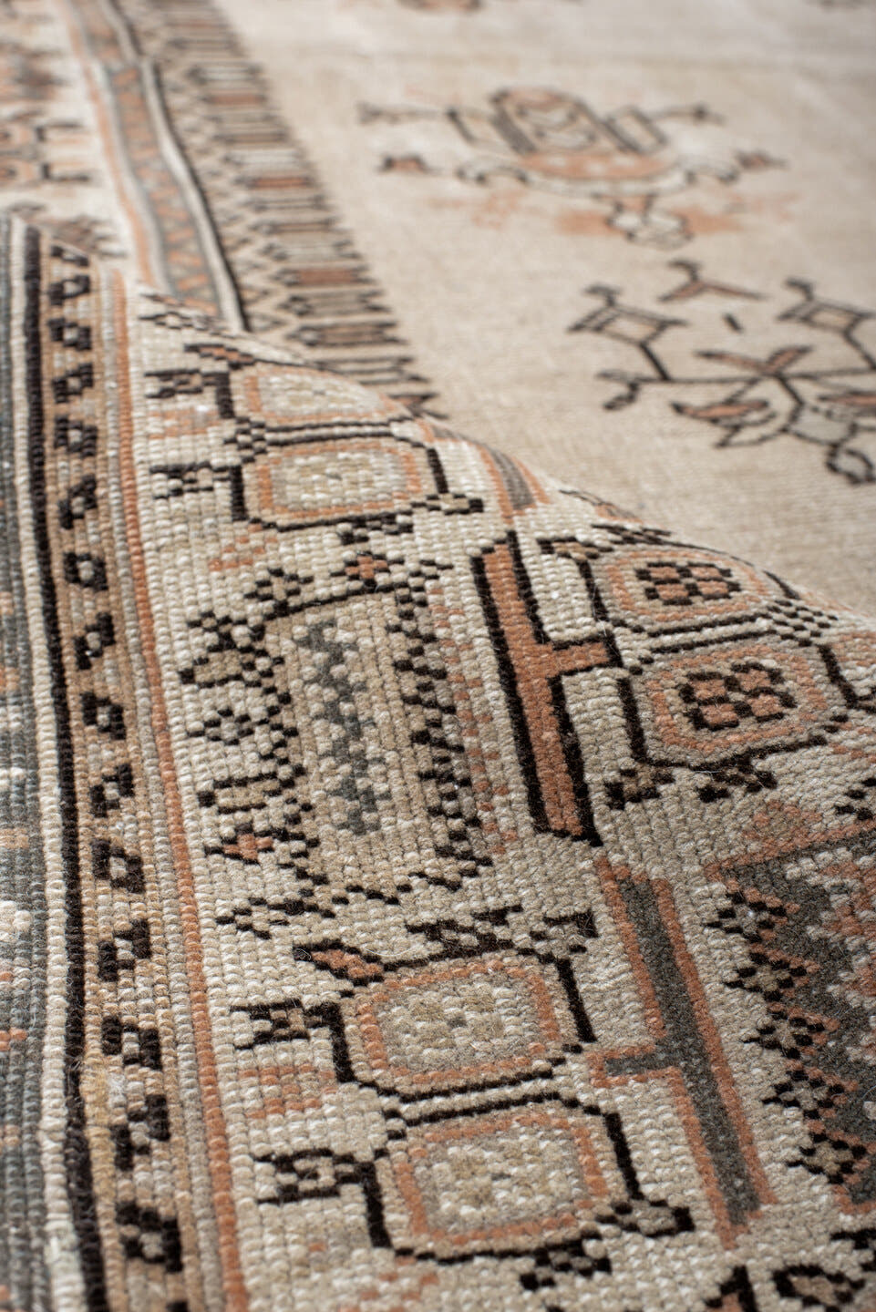4' x 7' one-of-a-kind handmade antique Anatolian rug. Color palette: ivory, taupe, charcoal, blush, cream, pewter, beige