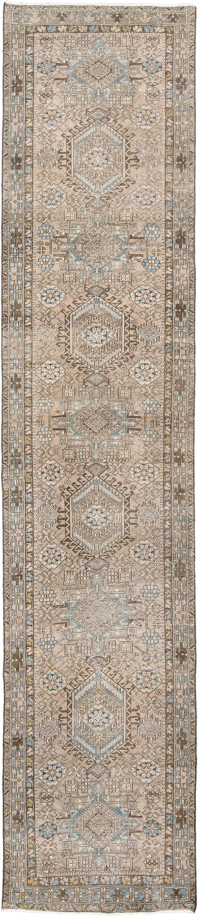 3' x 14' one-of-a-kind handmade antique Karaje runner rug. Color palette: ivory, taupe, light blue, camel, brown, beige