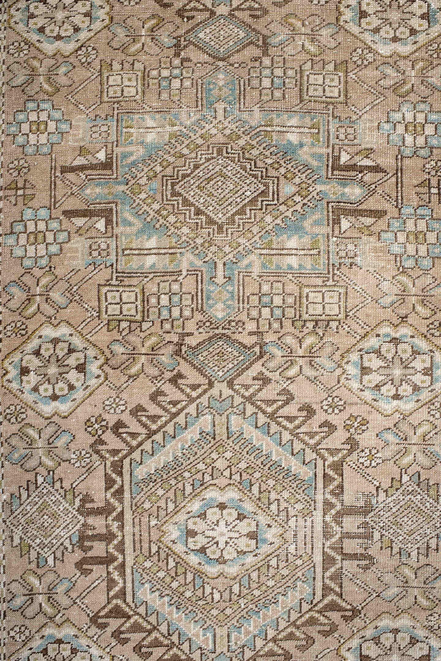 3' x 14' one-of-a-kind handmade antique Karaje runner rug. Color palette: ivory, taupe, light blue, camel, brown, beige