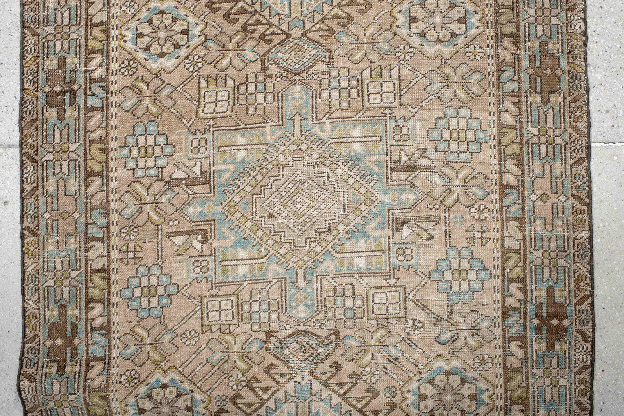 3' x 14' one-of-a-kind handmade antique Karaje runner rug. Color palette: ivory, taupe, light blue, camel, brown, beige