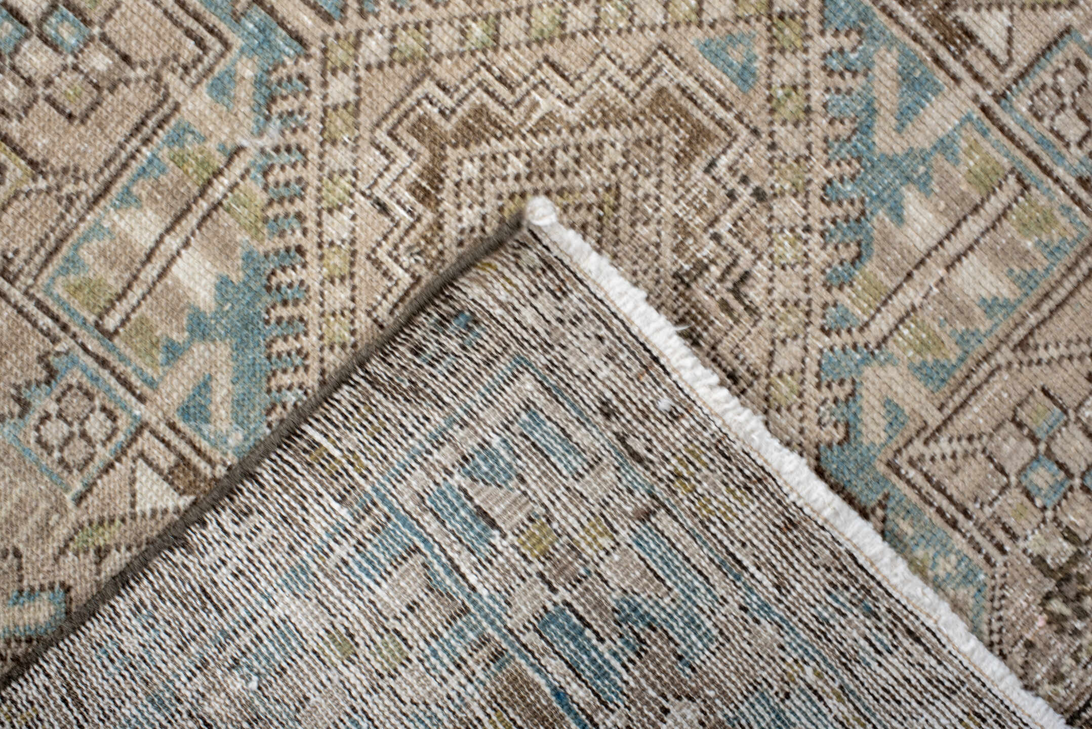 3' x 14' one-of-a-kind handmade antique Karaje runner rug. Color palette: ivory, taupe, light blue, camel, brown, beige