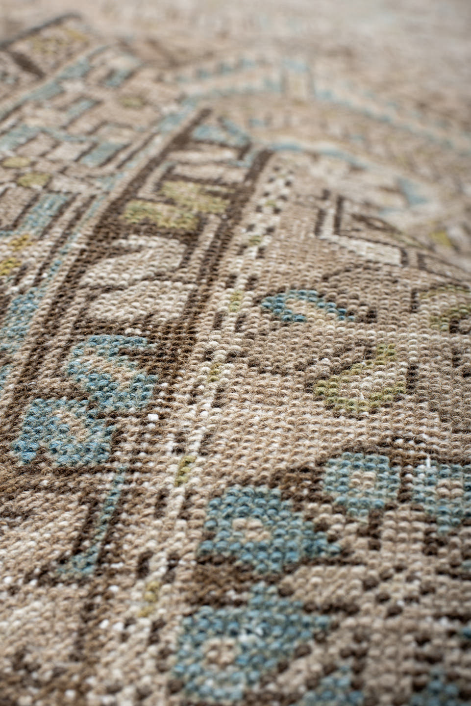 3' x 14' one-of-a-kind handmade antique Karaje runner rug. Color palette: ivory, taupe, light blue, camel, brown, beige