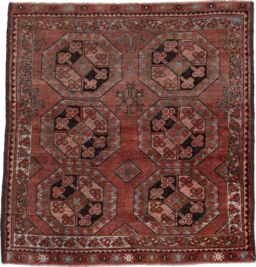 3' x 3' one-of-a-kind handmade vintage Afghan small size rug. Color palette: black, brown, gray, light gray, off-white, pink