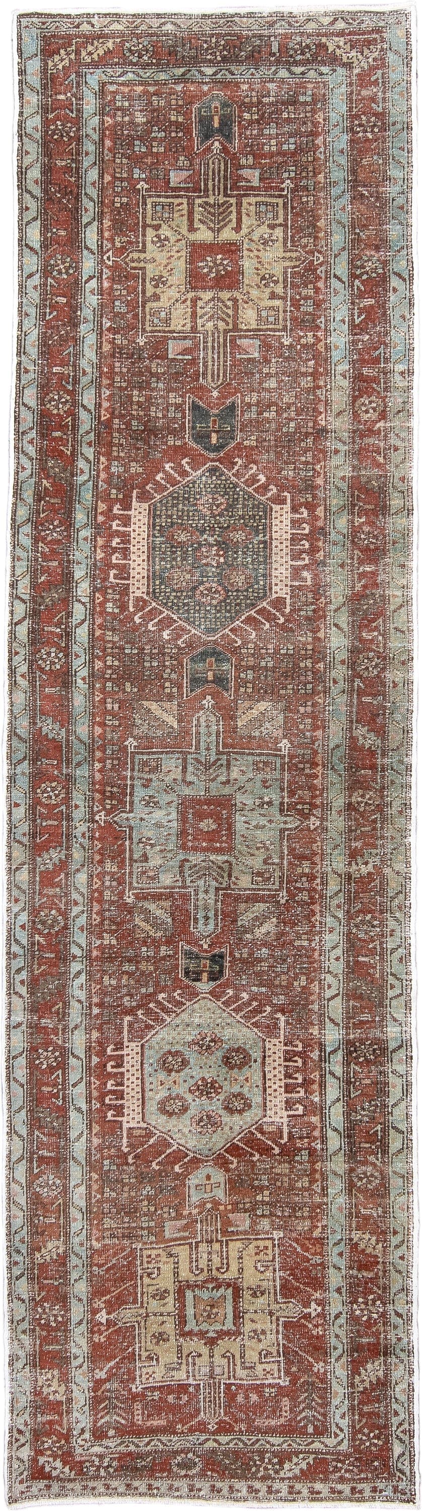 2' x 10' one-of-a-kind handmade antique Karaje runner rug. Color palette: rust, ivory, pale blue, taupe, charcoal, camel