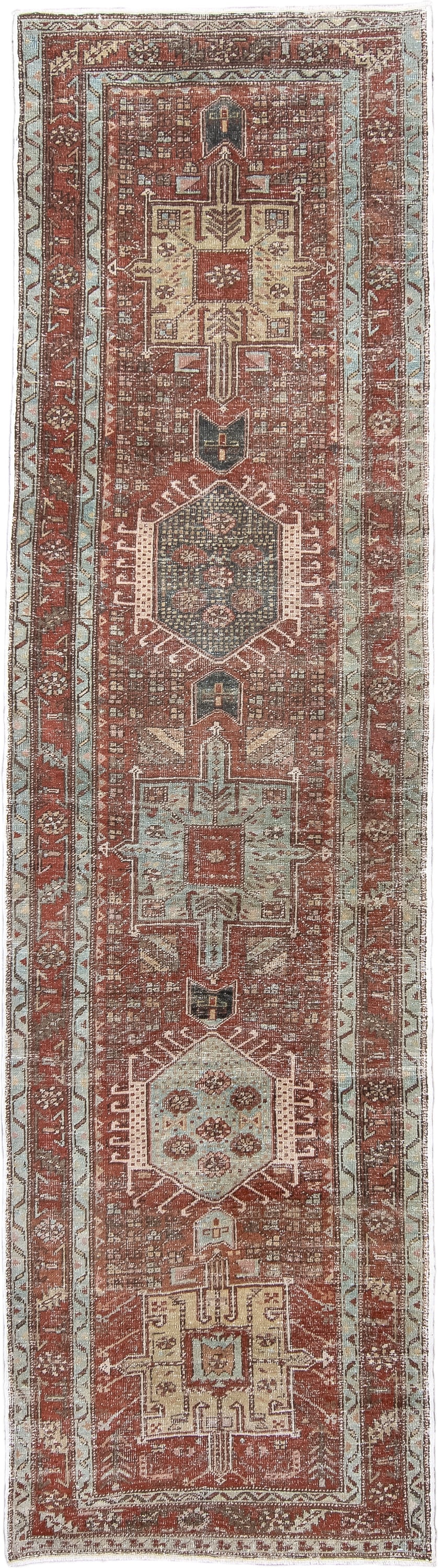 2' x 10' one-of-a-kind handmade antique Karaje runner rug. Color palette: rust, ivory, pale blue, taupe, charcoal, camel