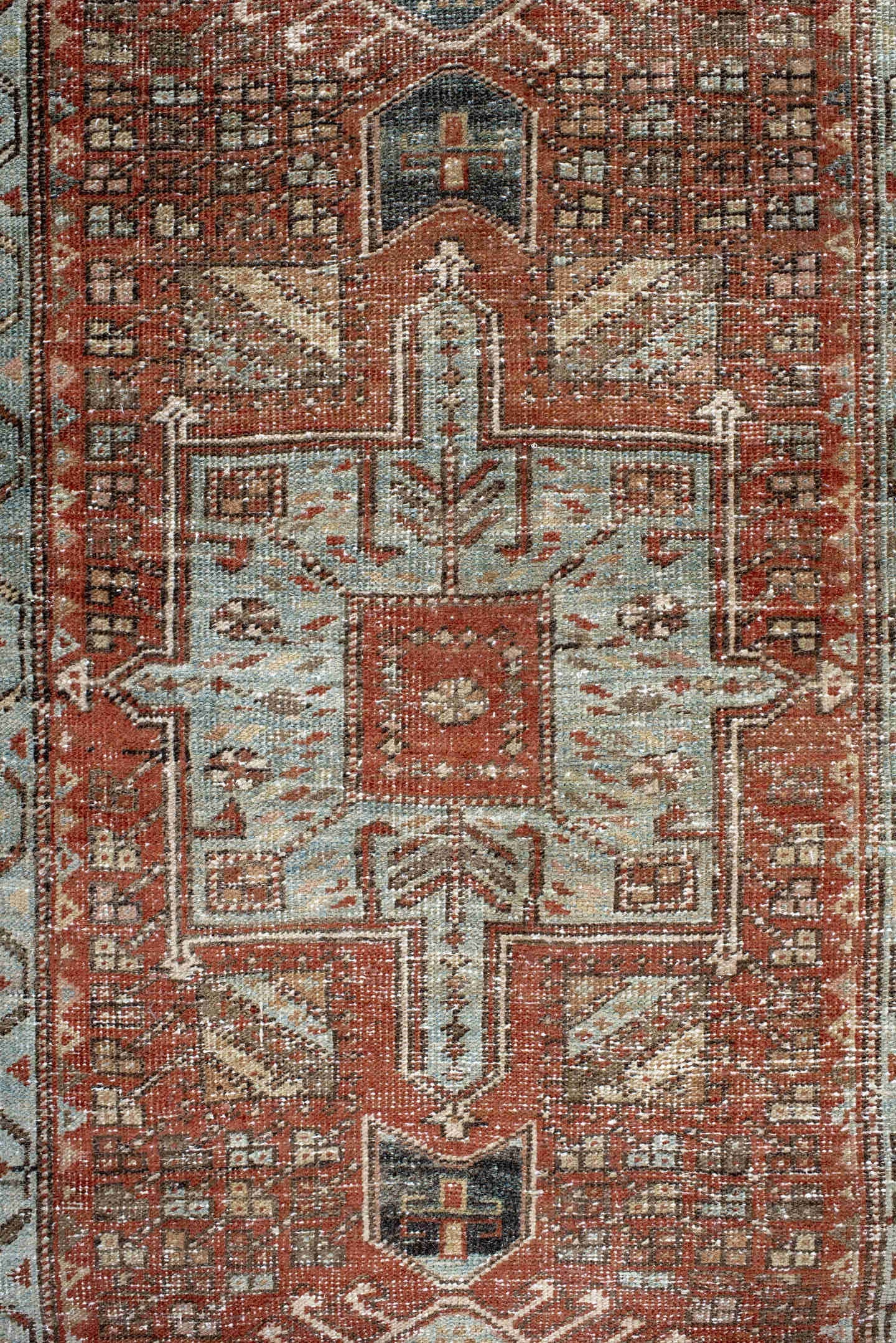 2' x 10' one-of-a-kind handmade antique Karaje runner rug. Color palette: rust, ivory, pale blue, taupe, charcoal, camel
