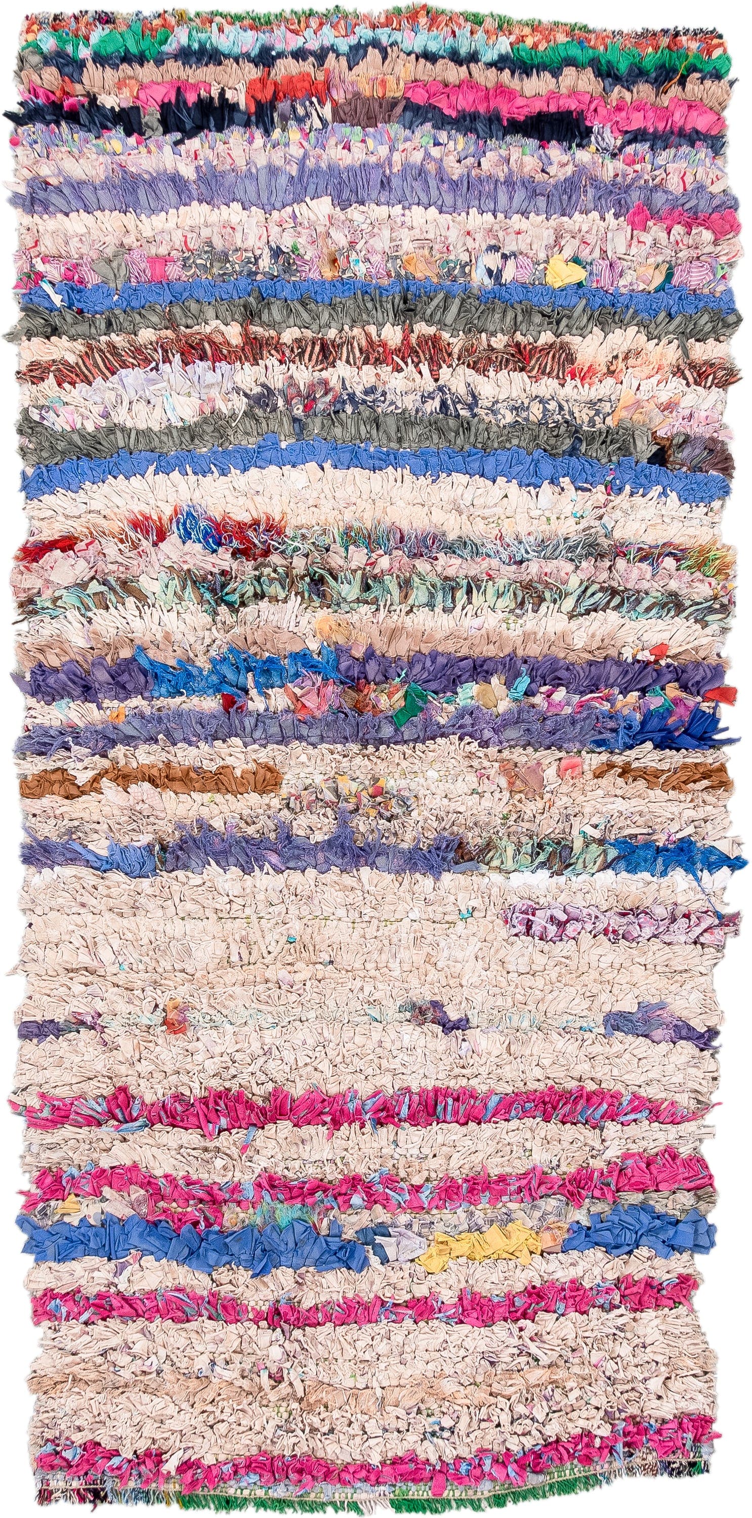 2' x 5' one-of-a-kind handmade vintage Rag Rug small size rug. Color palette: cream, pink, lavender, cobalt, charcoal, teal