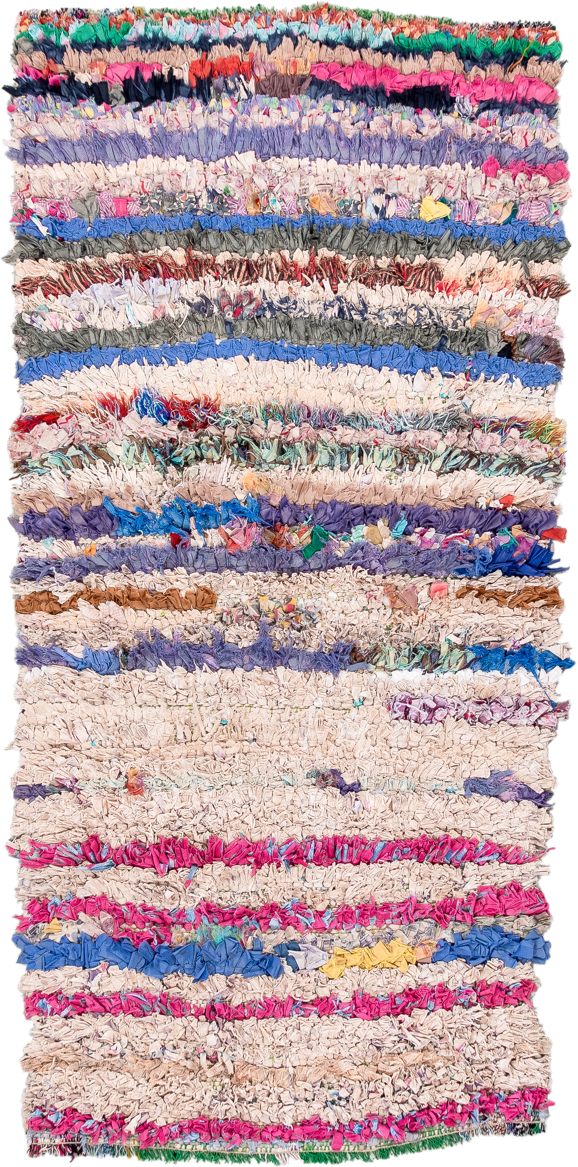 2' x 5' one-of-a-kind handmade vintage Rag Rug small size rug. Color palette: cream, pink, lavender, cobalt, charcoal, teal