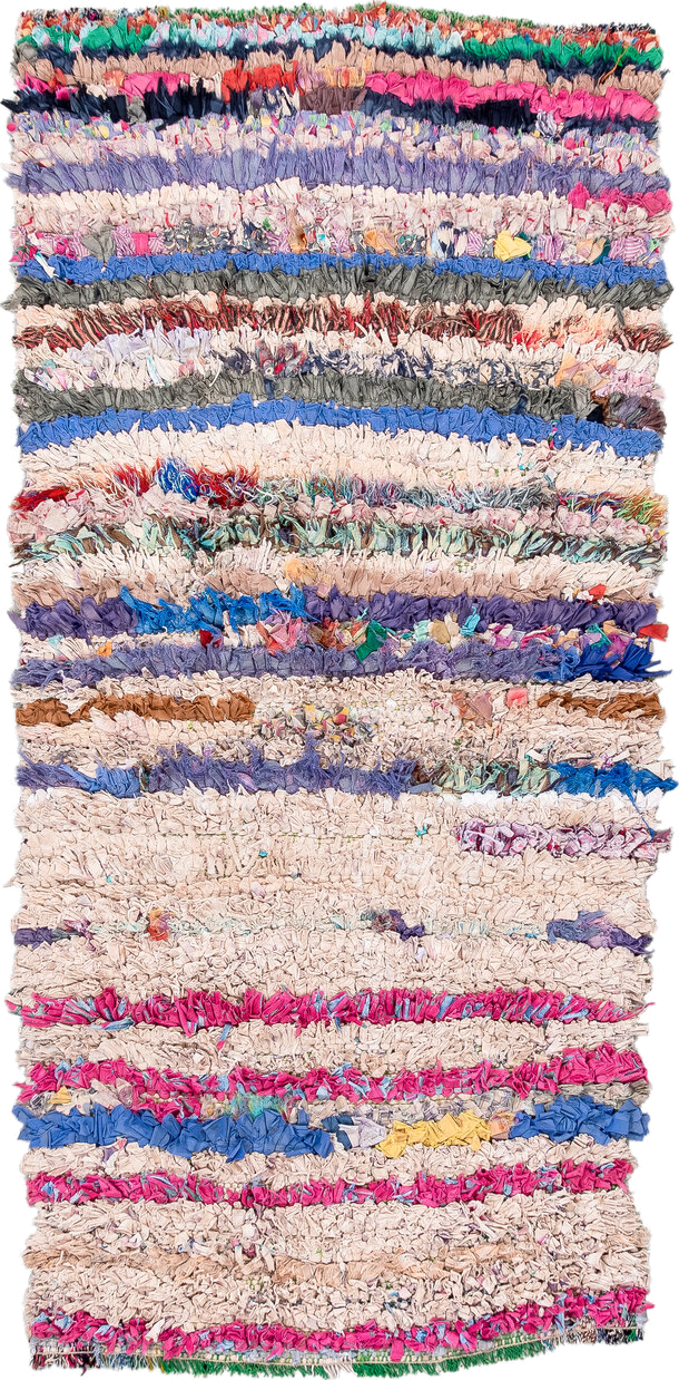 2' x 5' one-of-a-kind handmade vintage Rag Rug small size rug. Color palette: cream, pink, lavender, cobalt, charcoal, teal