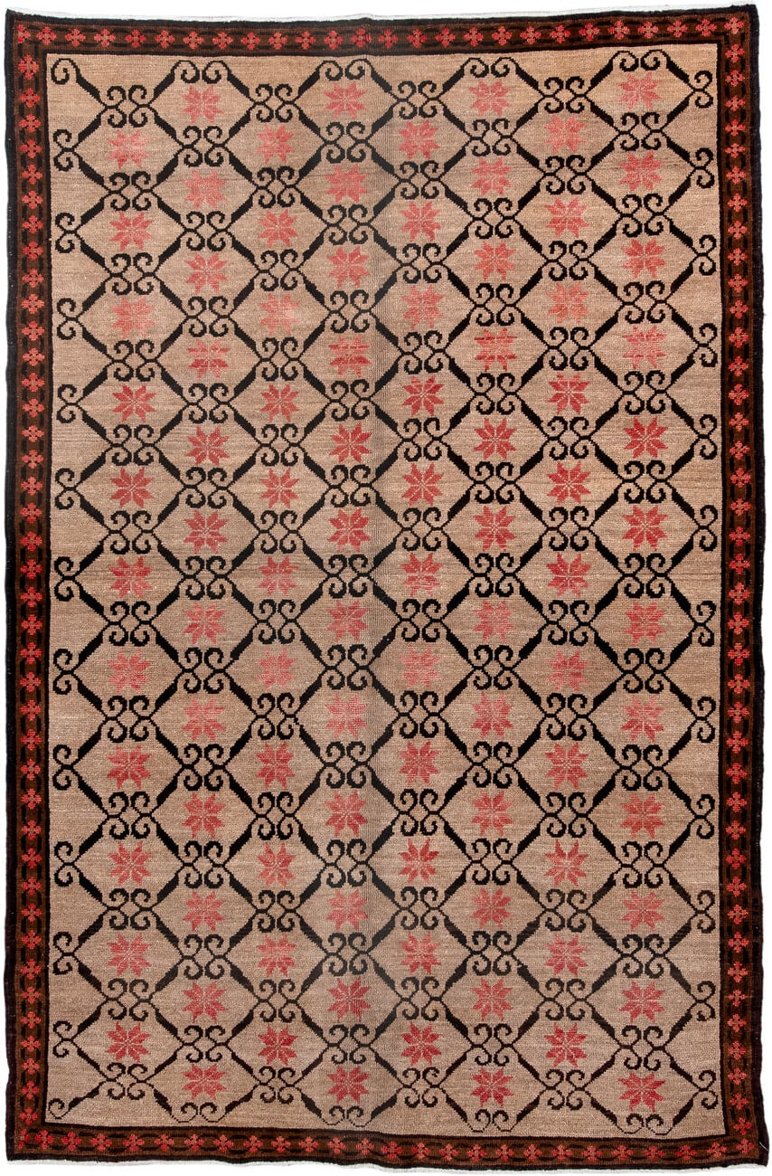 6' x 9' one-of-a-kind handmade antique Kars medium size rug. Color palette: ivory, brown, coral, charcoal, rose, terracotta