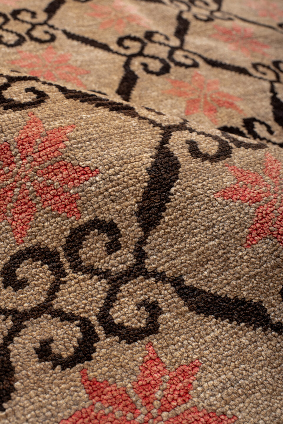 6' x 9' one-of-a-kind handmade antique Kars medium size rug. Color palette: ivory, brown, coral, charcoal, rose, terracotta
