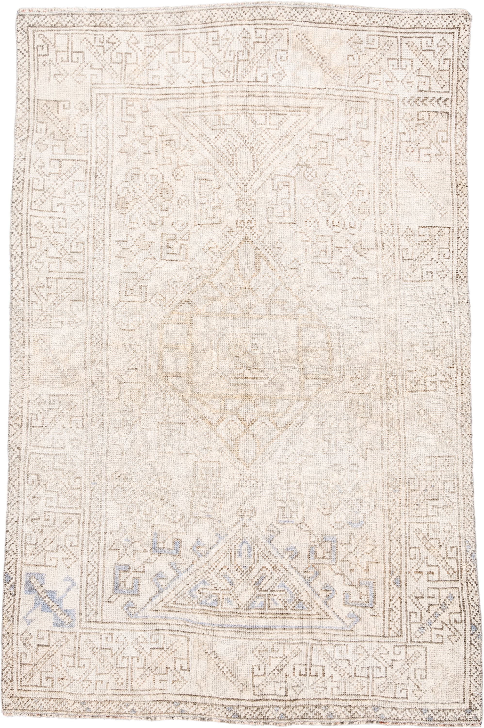 3' x 6' one-of-a-kind handmade antique Anatolian small size rug. Color palette: ivory, cream, taupe, beige, pale blue