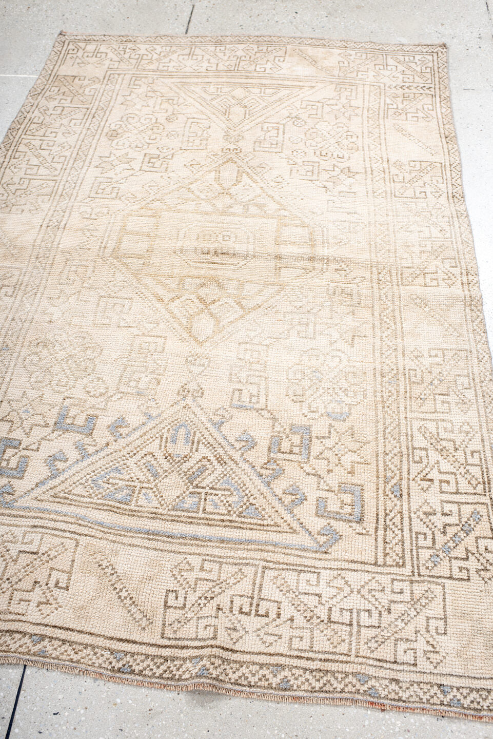 3' x 6' one-of-a-kind handmade antique Anatolian small size rug. Color palette: ivory, cream, taupe, beige, pale blue