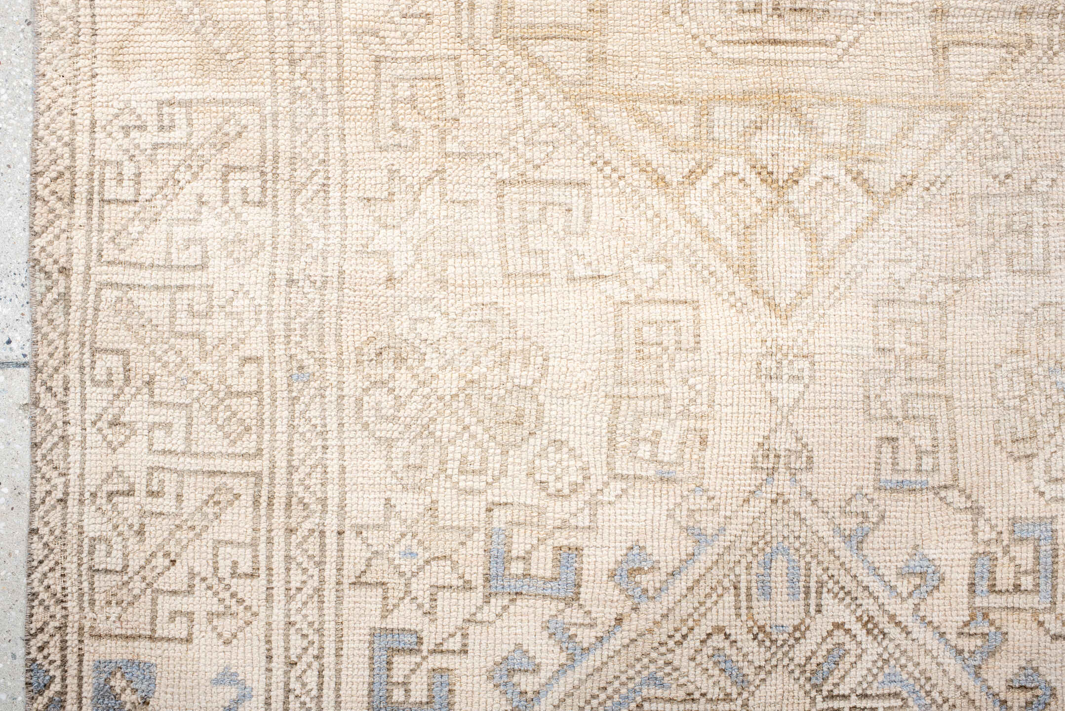 3' x 6' one-of-a-kind handmade vintage Anatol small size rug. Color palette: gray, light gray, off-white, pink, linen