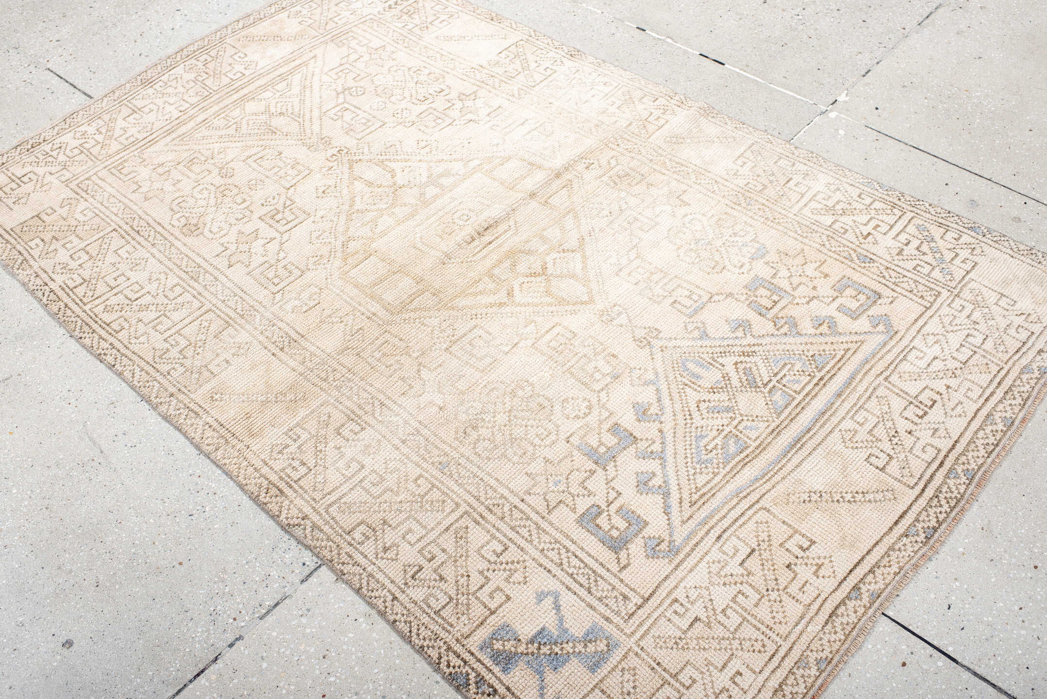 3' x 6' one-of-a-kind handmade antique Anatolian small size rug. Color palette: ivory, cream, taupe, beige, pale blue