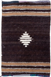 4' x 6' one-of-a-kind handmade antique Tulu small size rug. Color palette: brown, camel, ivory, charcoal, beige, gray, black