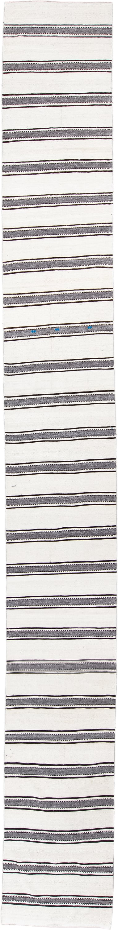 2' x 22' one-of-a-kind handmade antique Kilim runner rug. Color palette: ivory, charcoal, brown, gray, black