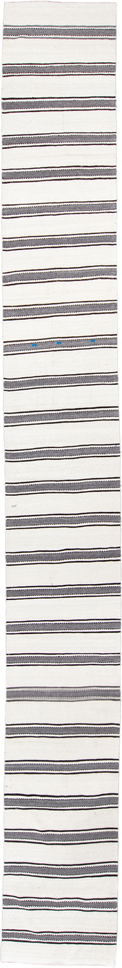 2' x 22' one-of-a-kind handmade antique Kilim runner rug. Color palette: ivory, charcoal, brown, gray, black