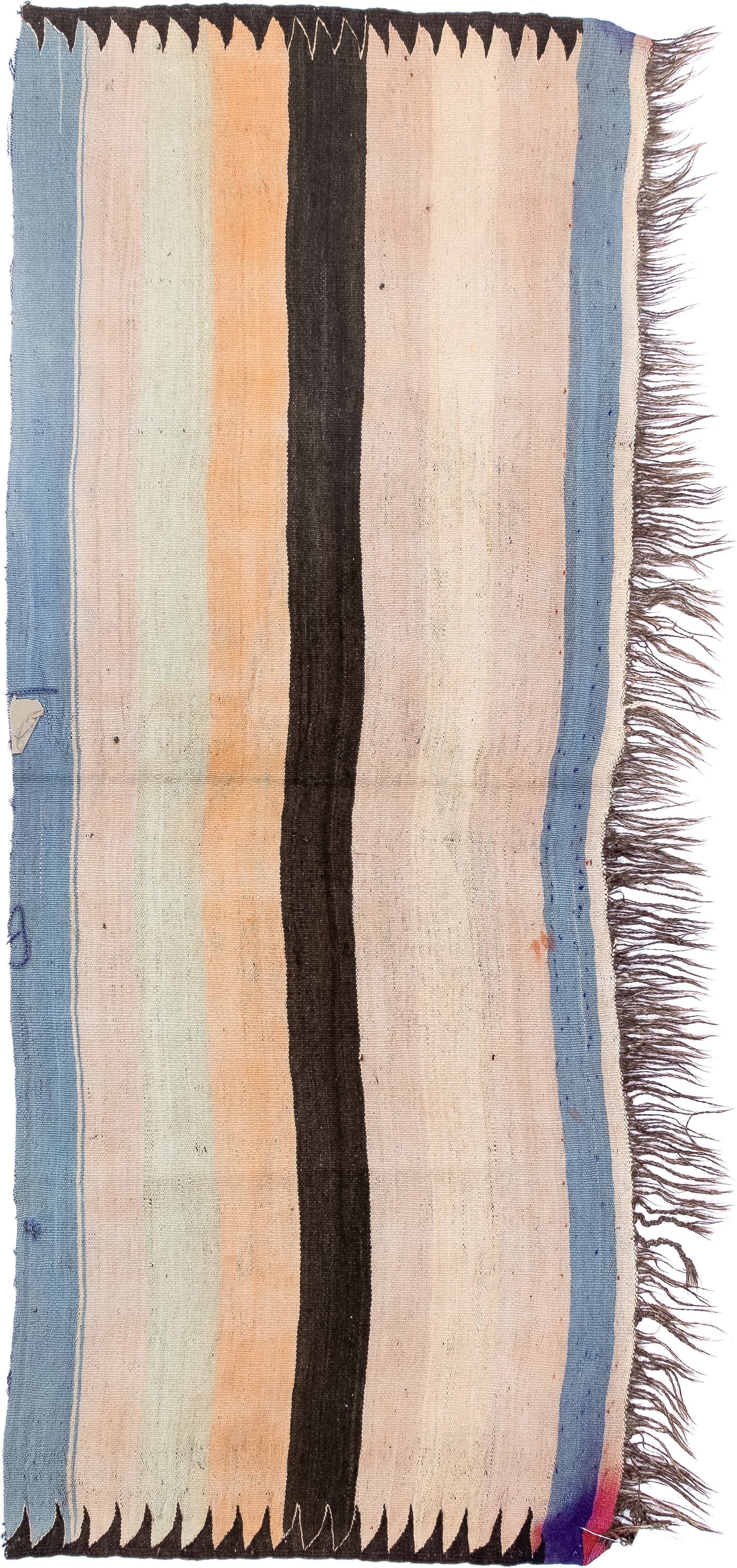 2' x 6' one-of-a-kind handmade vintage runner rug. Color palette: ivory, pale blue, peach, brown, cream, charcoal, lavender