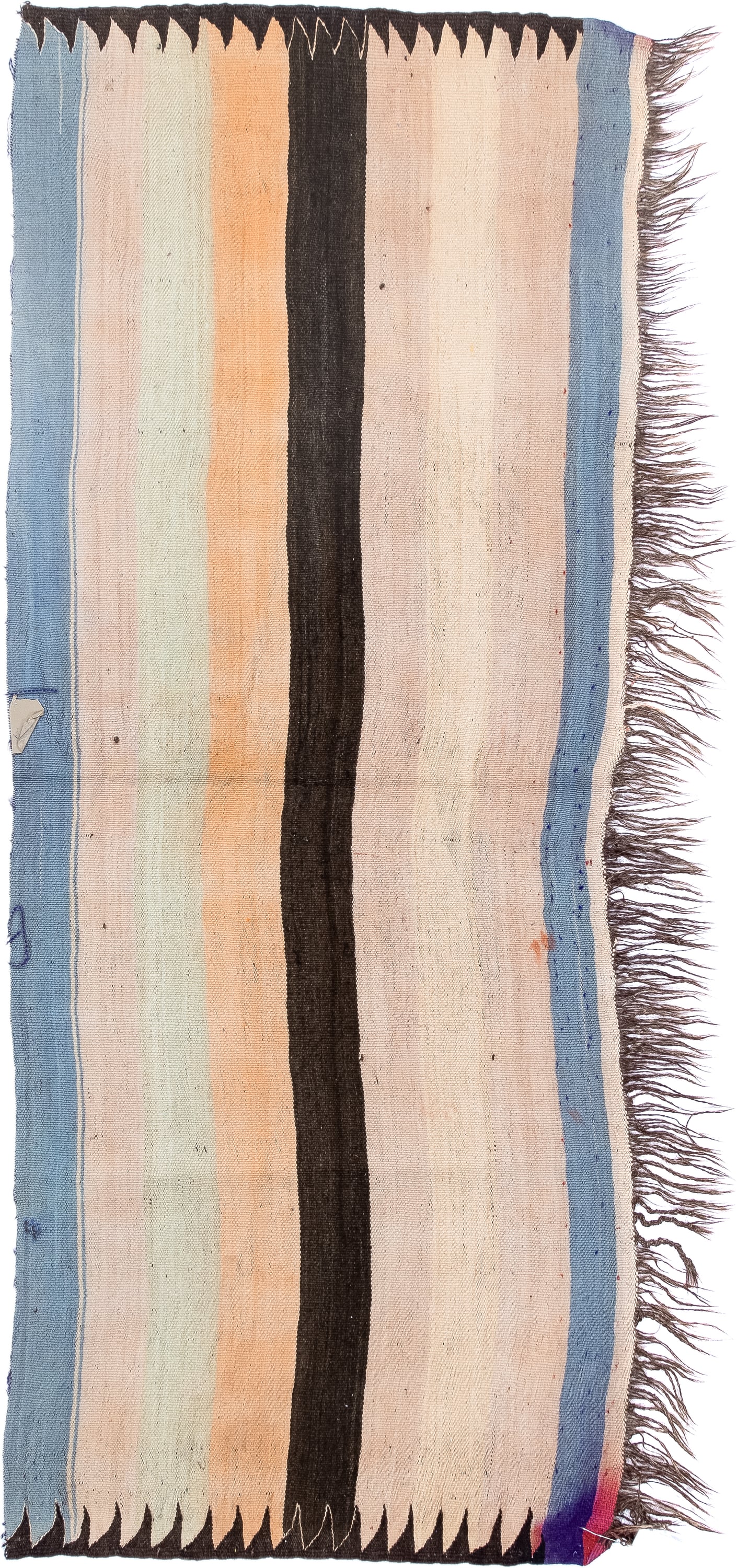 2' x 6' one-of-a-kind handmade vintage  runner rug. Color palette: ivory, pale blue, peach, brown, cream, charcoal, lavender