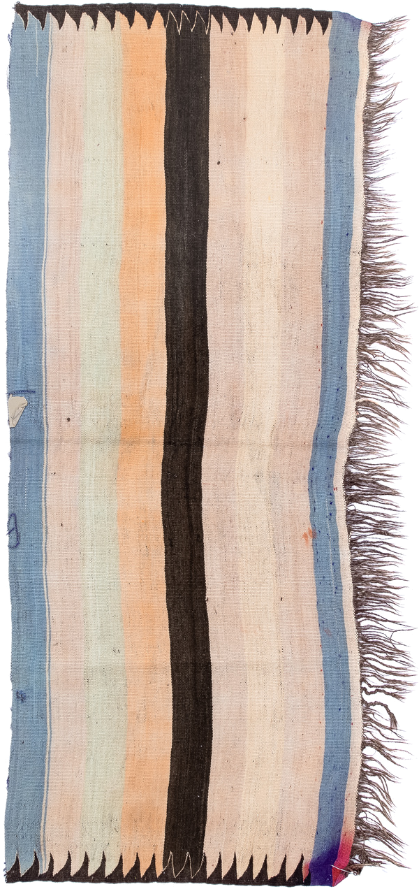 2' x 6' one-of-a-kind handmade vintage  runner rug. Color palette: ivory, pale blue, peach, brown, cream, charcoal, lavender