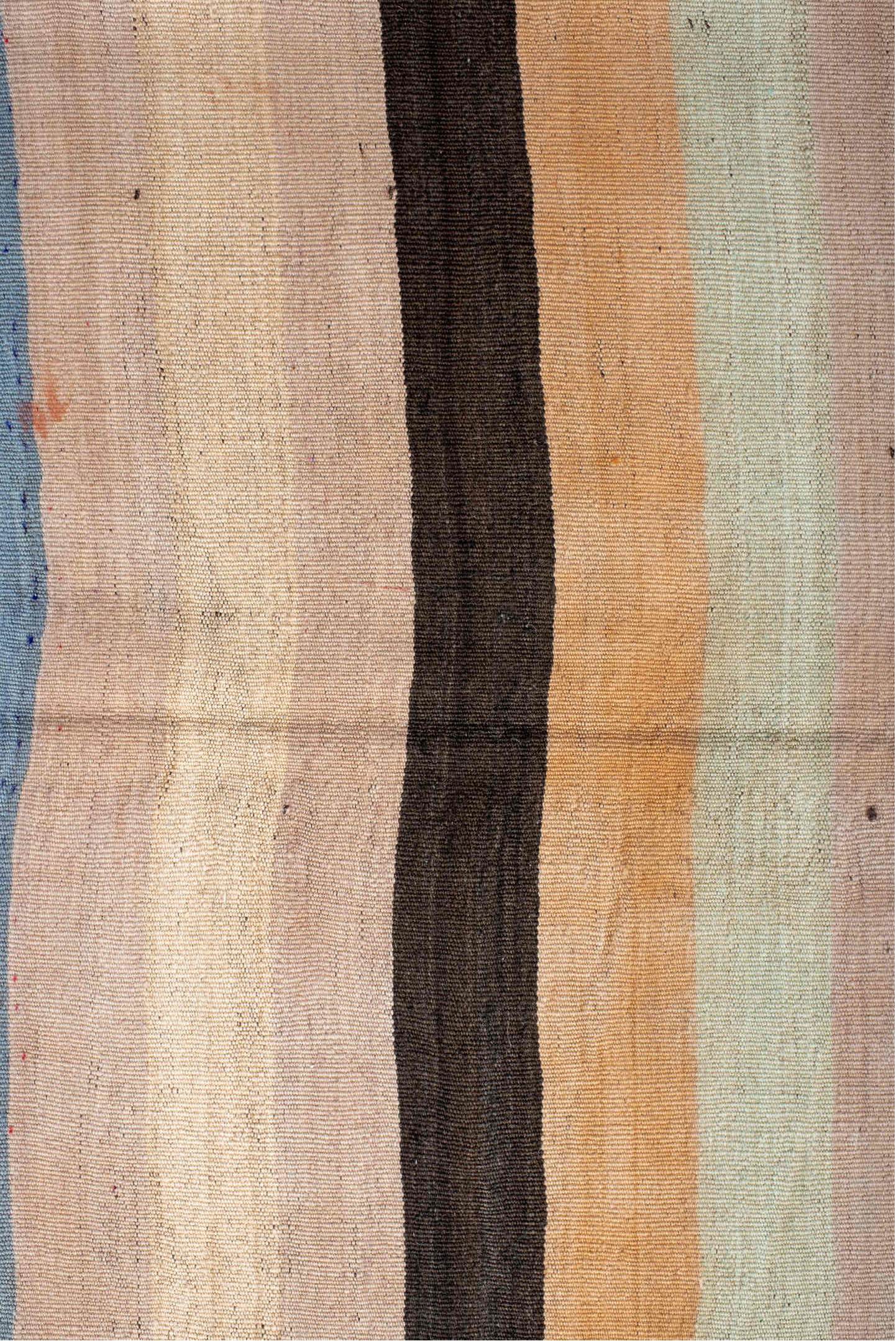 2' x 6' one-of-a-kind handmade vintage  runner rug. Color palette: antiquewhite, black, blue, brown, gray, light blue