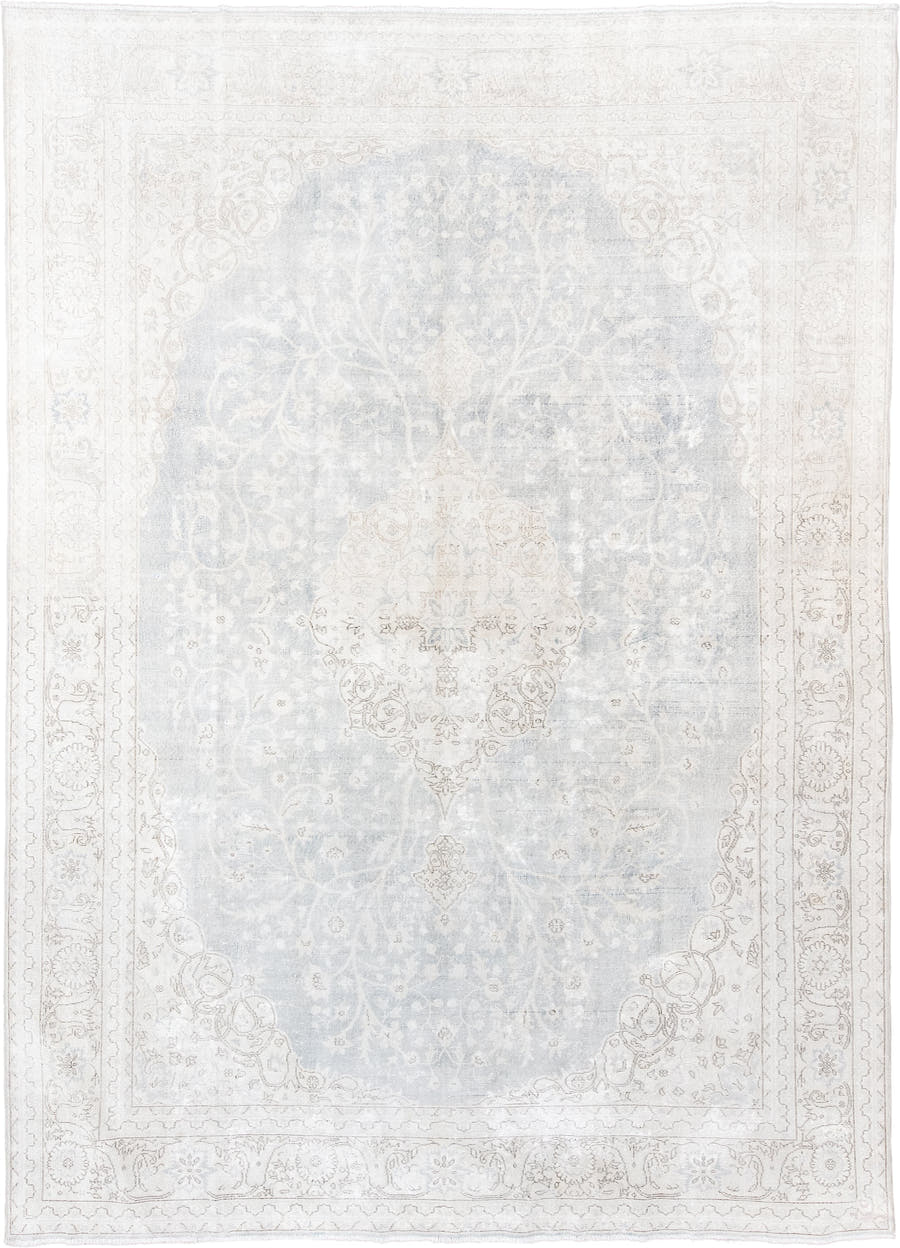 9' x 13' one-of-a-kind handmade antique Sparta large size rug. Color palette: ivory, pale blue, beige, cream, taupe