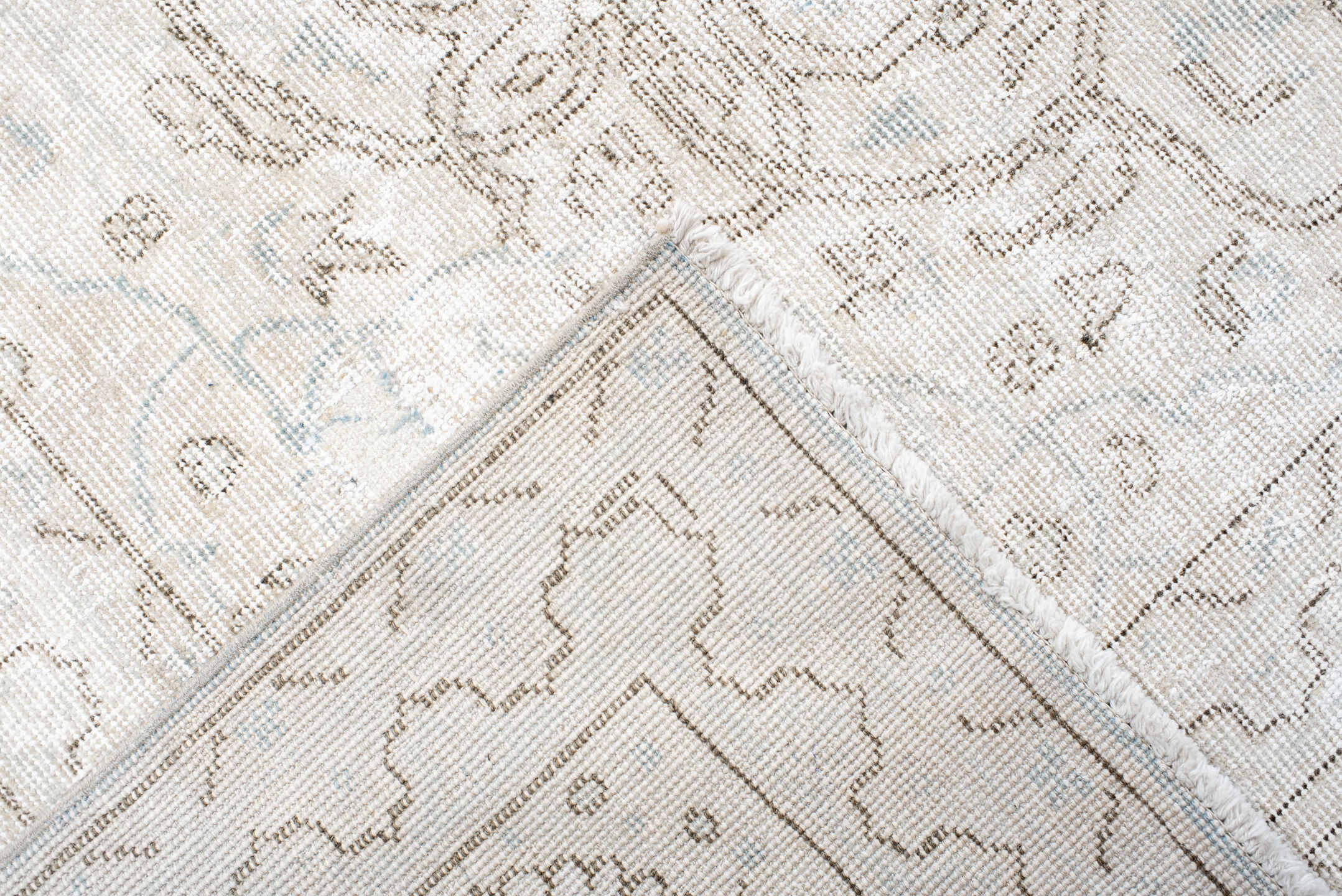 9' x 13' one-of-a-kind handmade antique Sparta large size rug. Color palette: ivory, pale blue, beige, cream, taupe