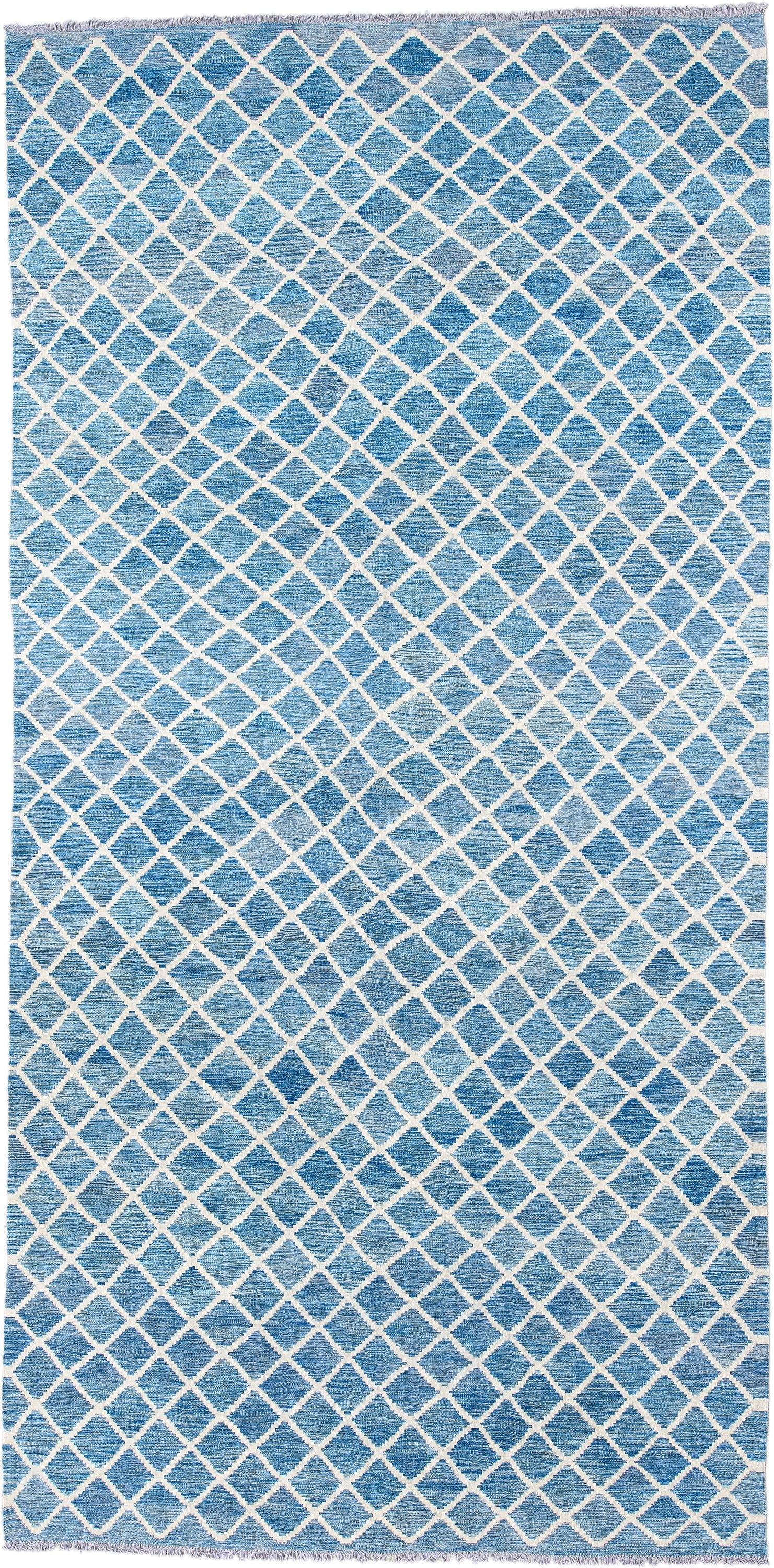 8' x 16' one-of-a-kind handmade vintage Kilim rug. Color palette: sky blue, ivory, powder blue, light blue