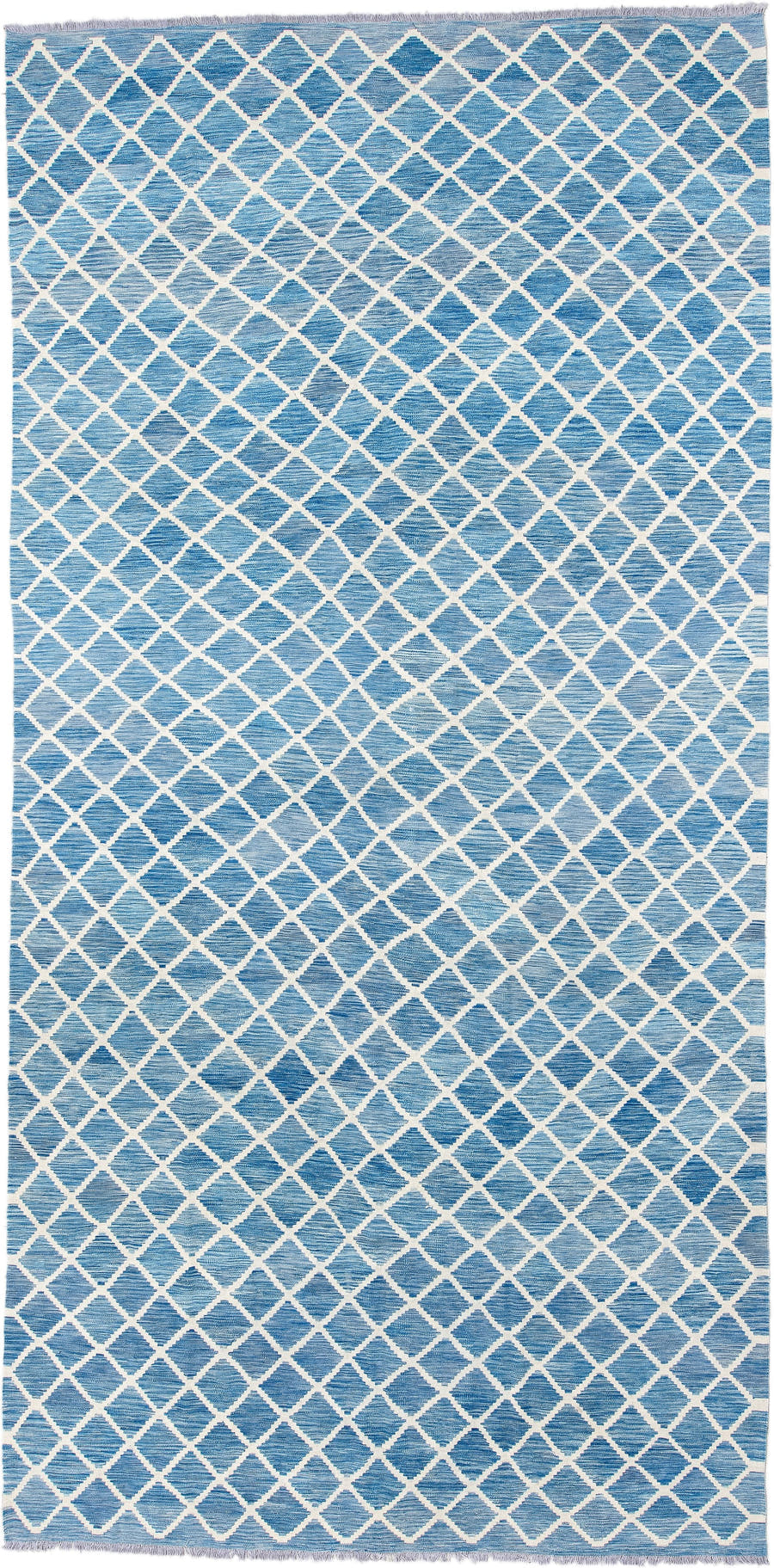 8' x 16' one-of-a-kind handmade vintage Kilim rug. Color palette: sky blue, ivory, powder blue, light blue