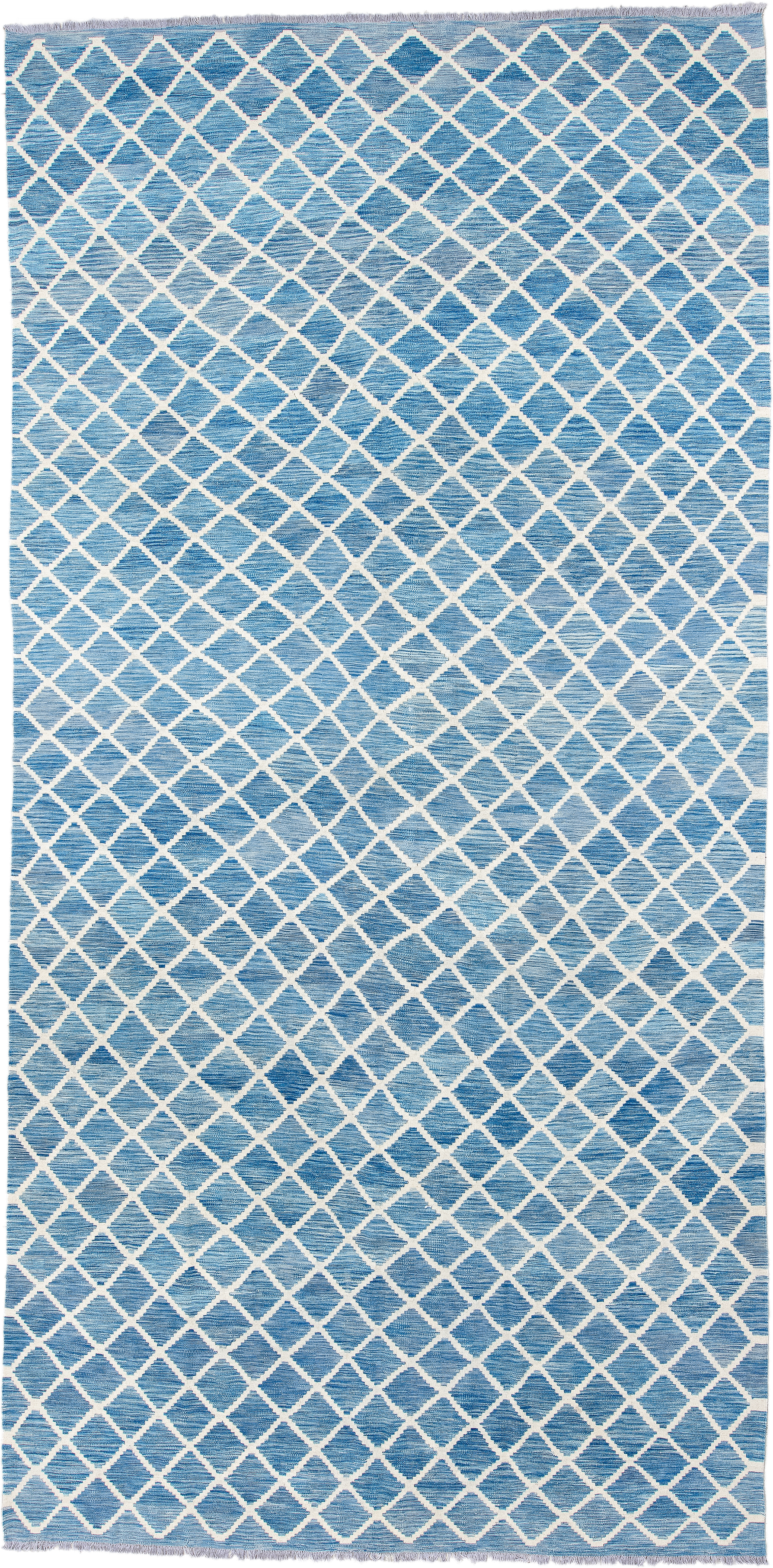 8' x 16' one-of-a-kind handmade vintage Kilim rug. Color palette: sky blue, ivory, powder blue, light blue