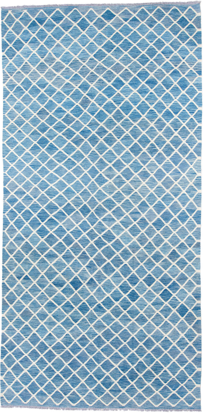 8' x 16' one-of-a-kind handmade vintage Kilim rug. Color palette: sky blue, ivory, powder blue, light blue