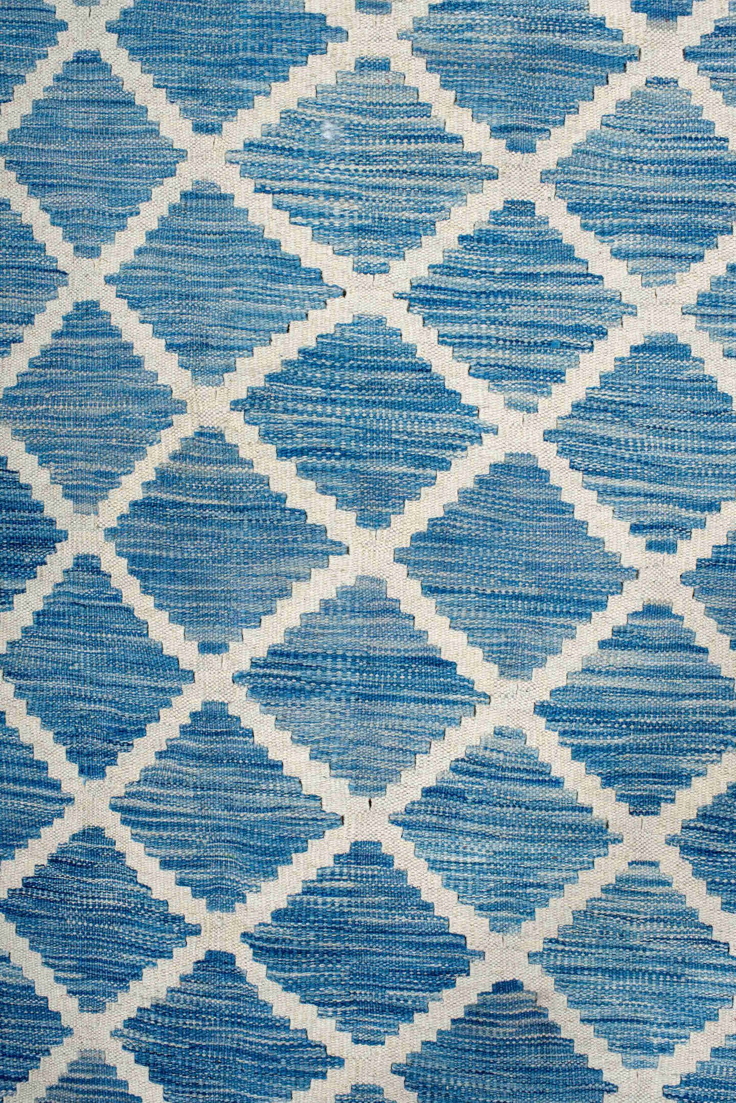 8' x 16' one-of-a-kind handmade vintage Kilim rug. Color palette: sky blue, ivory, powder blue, light blue