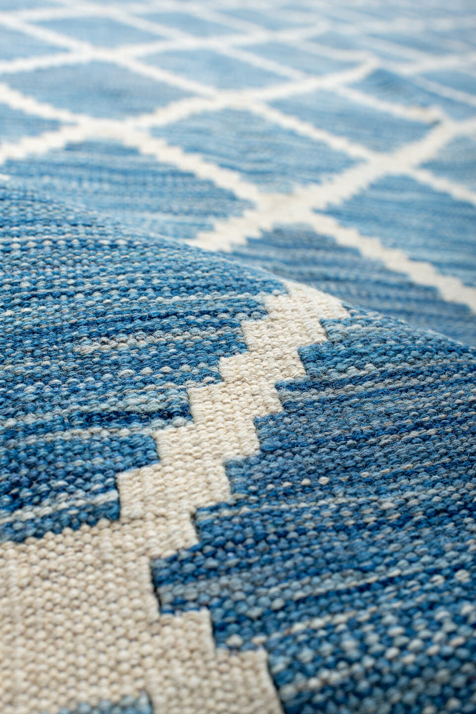 8' x 16' one-of-a-kind handmade vintage Kilim rug. Color palette: sky blue, ivory, powder blue, light blue