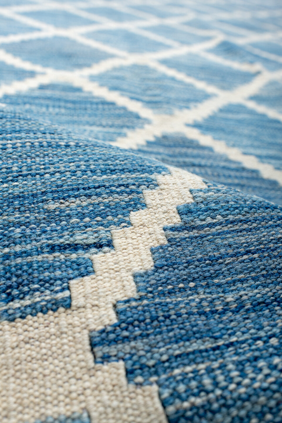 8' x 16' one-of-a-kind handmade vintage Kilim rug. Color palette: sky blue, ivory, powder blue, light blue