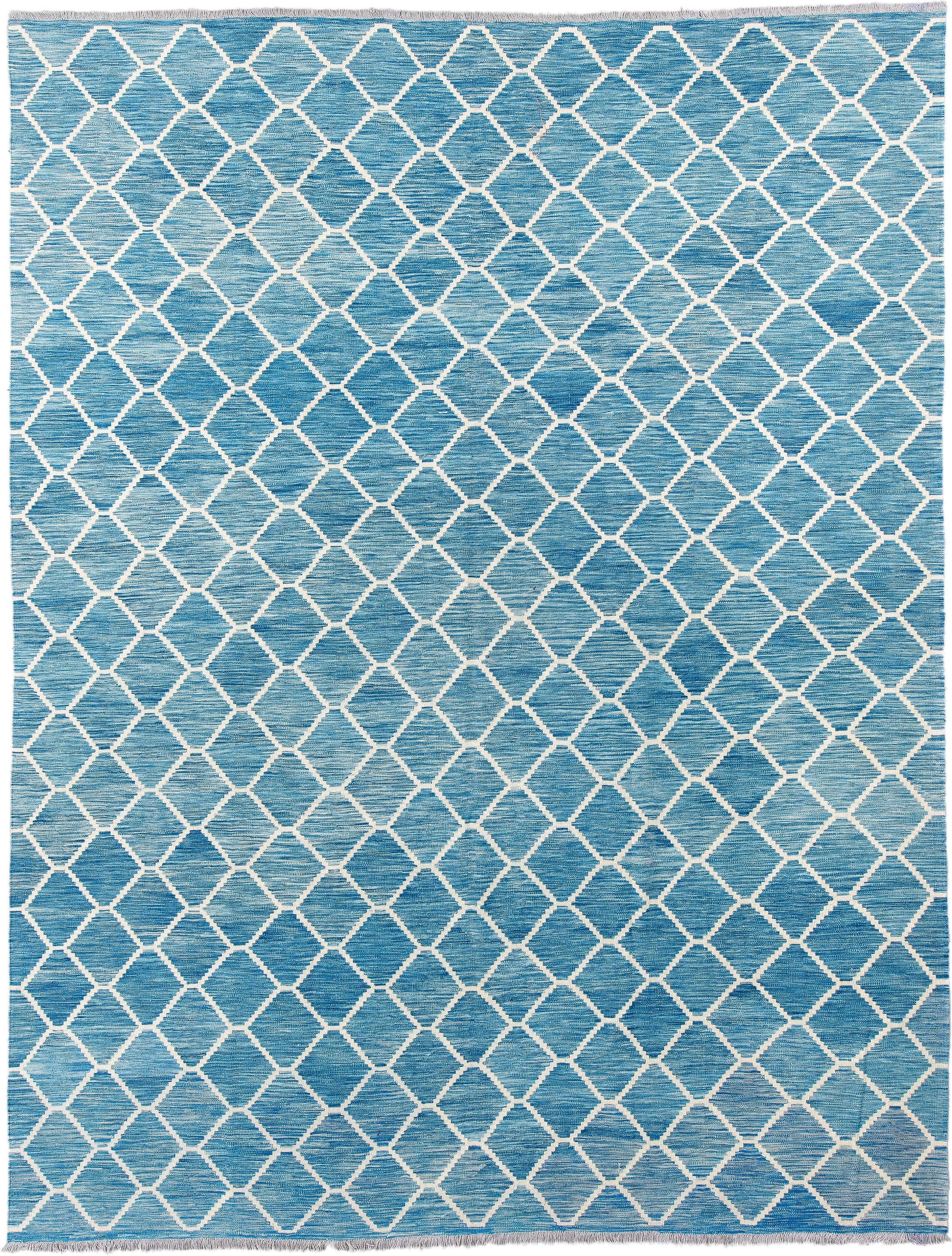 10' x 13' one-of-a-kind handmade vintage Kilim large size rug. Color palette: sky blue, ivory, aqua, light blue, teal
