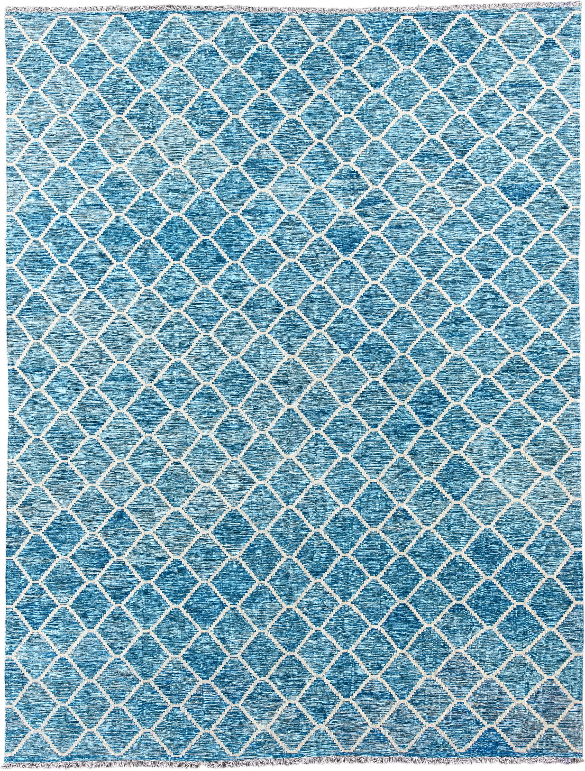10' x 13' one-of-a-kind handmade vintage Kilim large size rug. Color palette: sky blue, ivory, aqua, light blue, teal