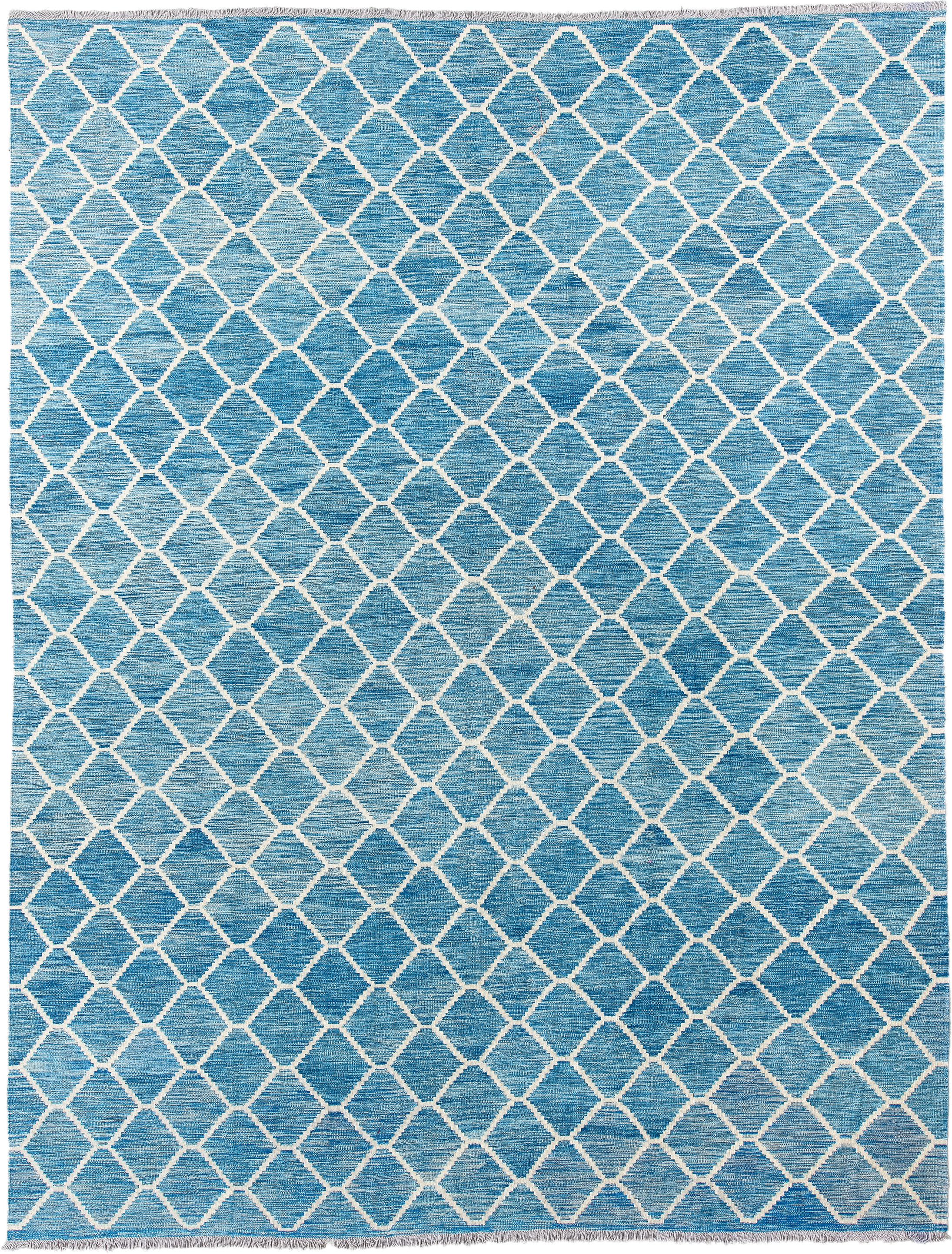 10' x 13' one-of-a-kind handmade vintage Kilim large size rug. Color palette: sky blue, ivory, aqua, light blue, teal