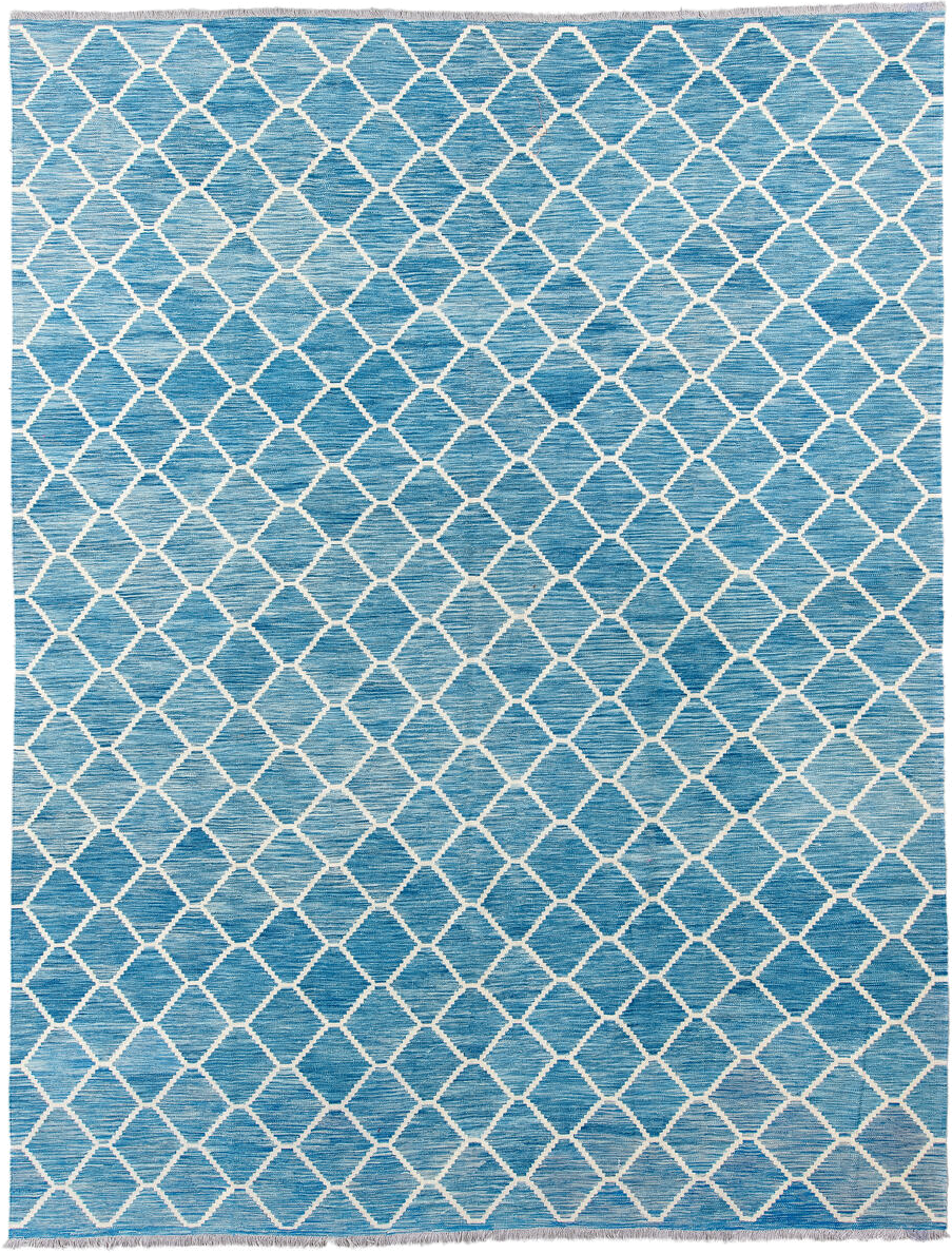 10' x 13' one-of-a-kind handmade vintage Kilim large size rug. Color palette: sky blue, ivory, aqua, light blue, teal