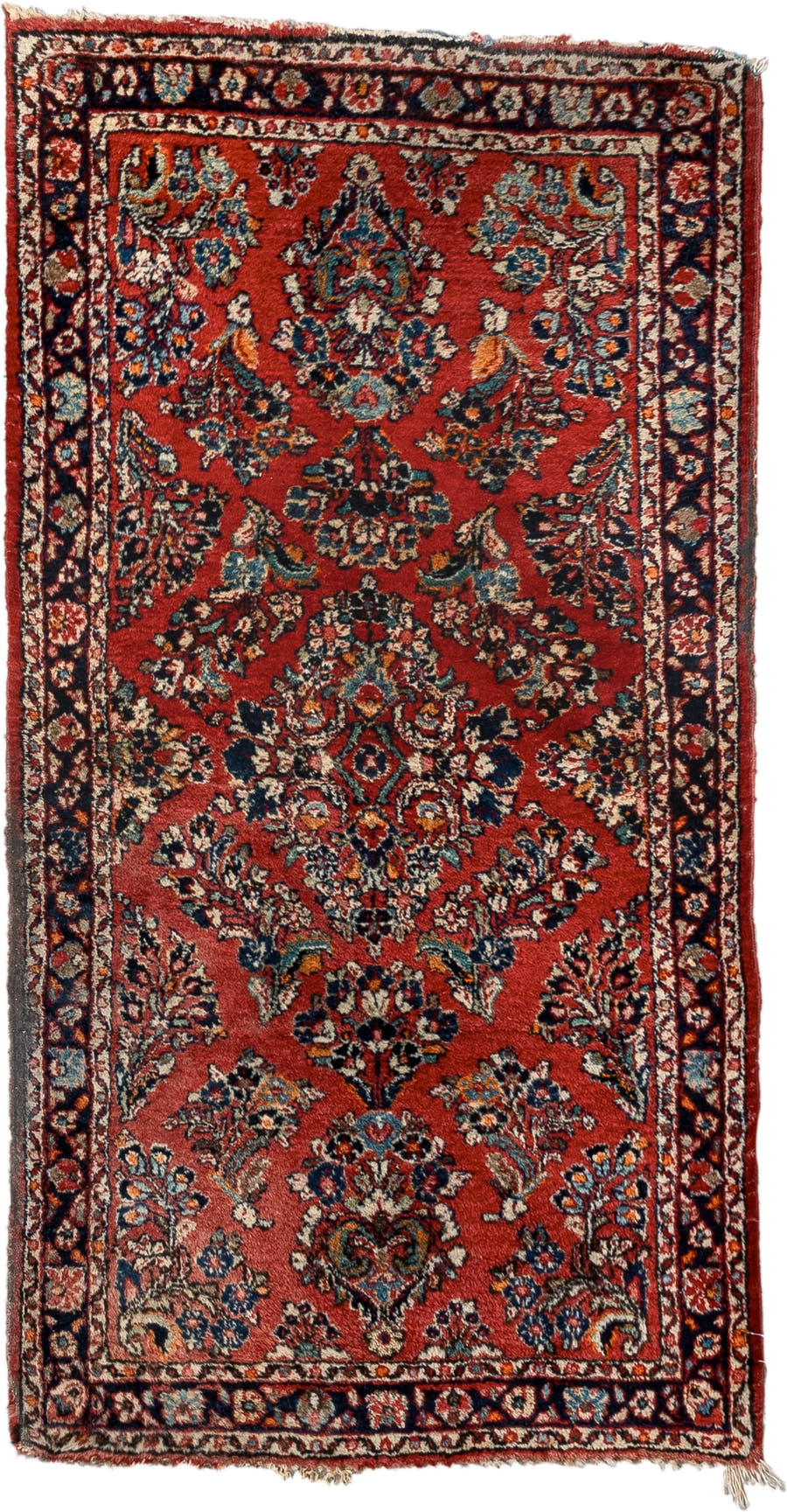 2' x 4' one-of-a-kind handmade antique Sarouk small size rug. Color palette: rust, navy, ivory, sky blue, camel, saffron
