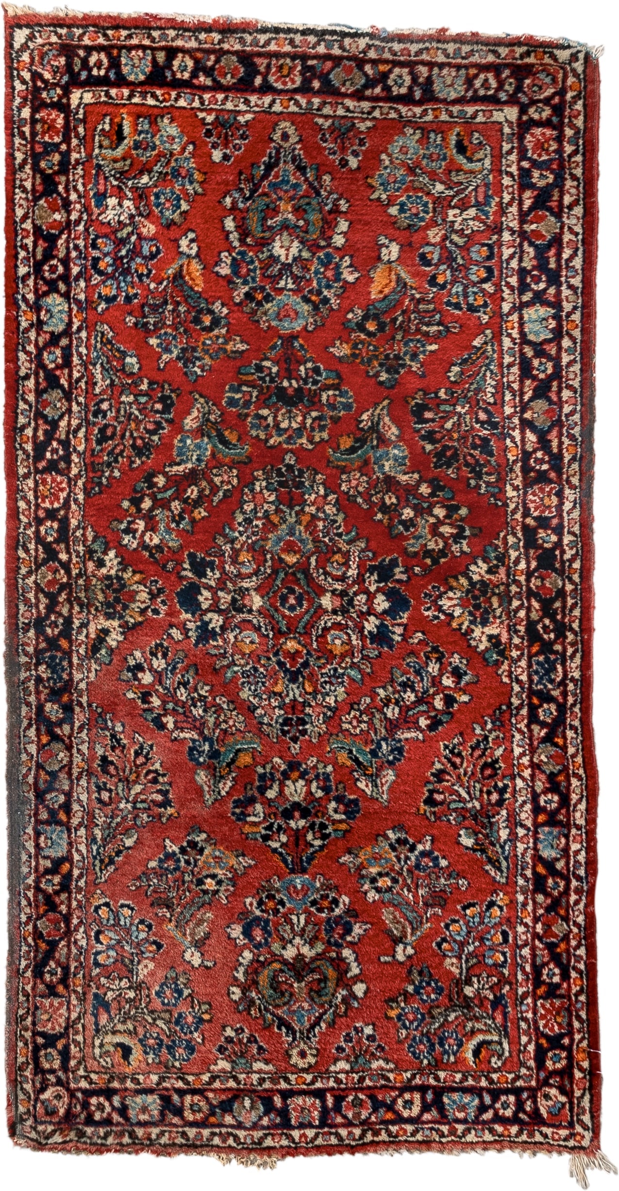 2' x 4' one-of-a-kind handmade antique Sarouk small size rug. Color palette: rust, navy, ivory, sky blue, camel, saffron