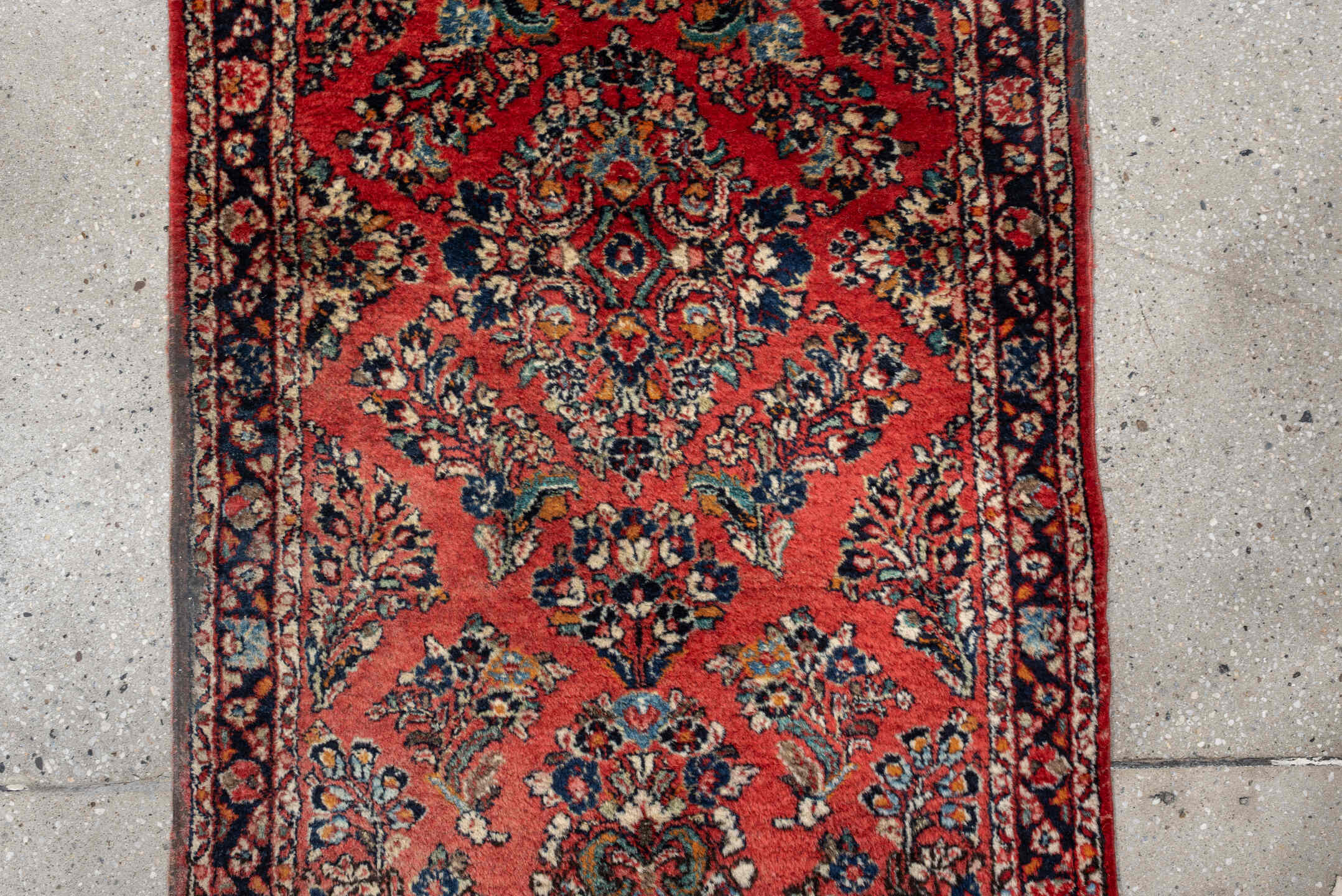 2' x 4' one-of-a-kind handmade antique Sarouk small size rug. Color palette: rust, navy, ivory, sky blue, camel, saffron